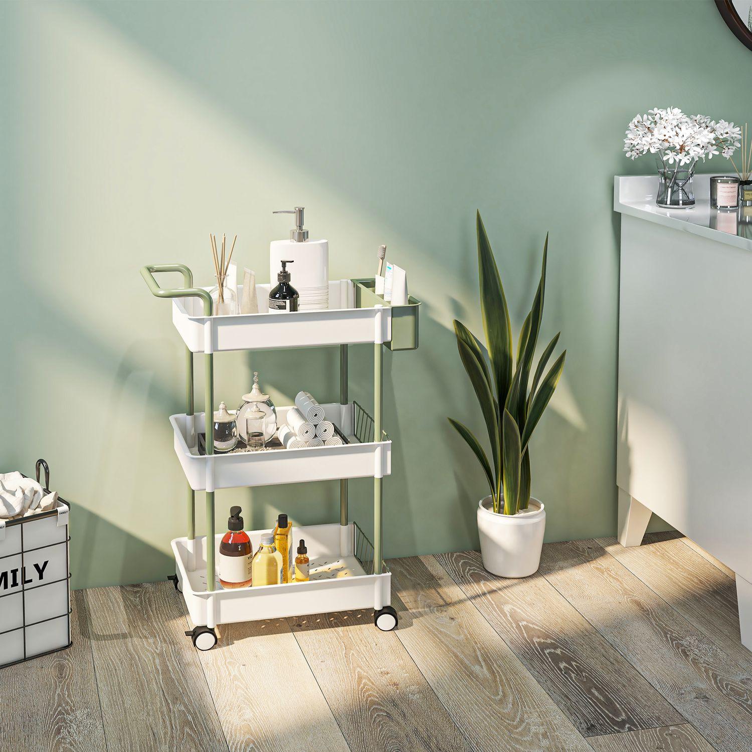 Northio Rollwagen Servierwagen Mit 3 Etagen Und Hängekorb, Aufbewahrungswagen Mit Griff, Küchenwagen, Stahl, Weiß