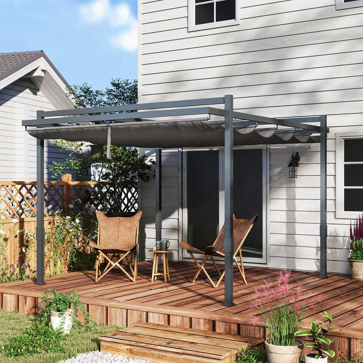 Northio Pergola Pavillon ca. 3,5x3m Aluminium Stabil winterfest Sonnenschutz mit verstellbares Schiebedach freistehend Gartenpavillon Terrassenüberdachung Überdachung für Garten Balkon Grau Aosom