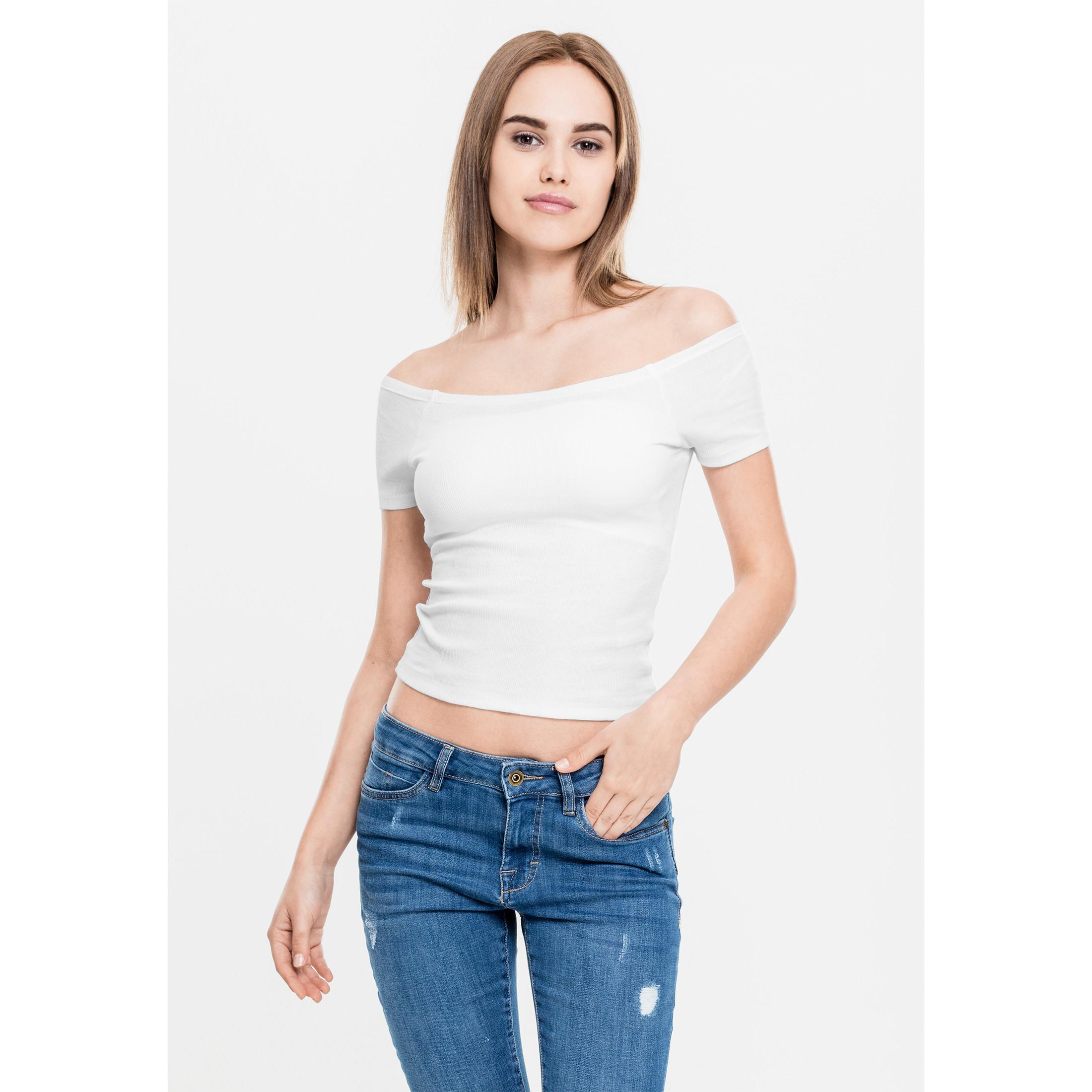 URBAN CLASSICS Geripptes Off Shoulder Crop T-Shirt