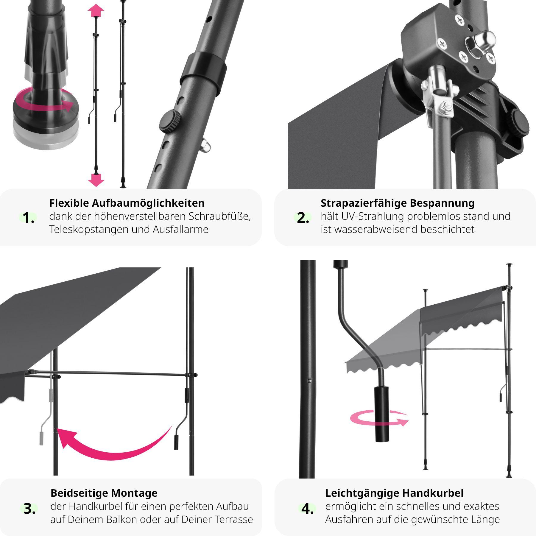 Tectake Klemmmarkise mit Handkurbel, höhenverstellbar