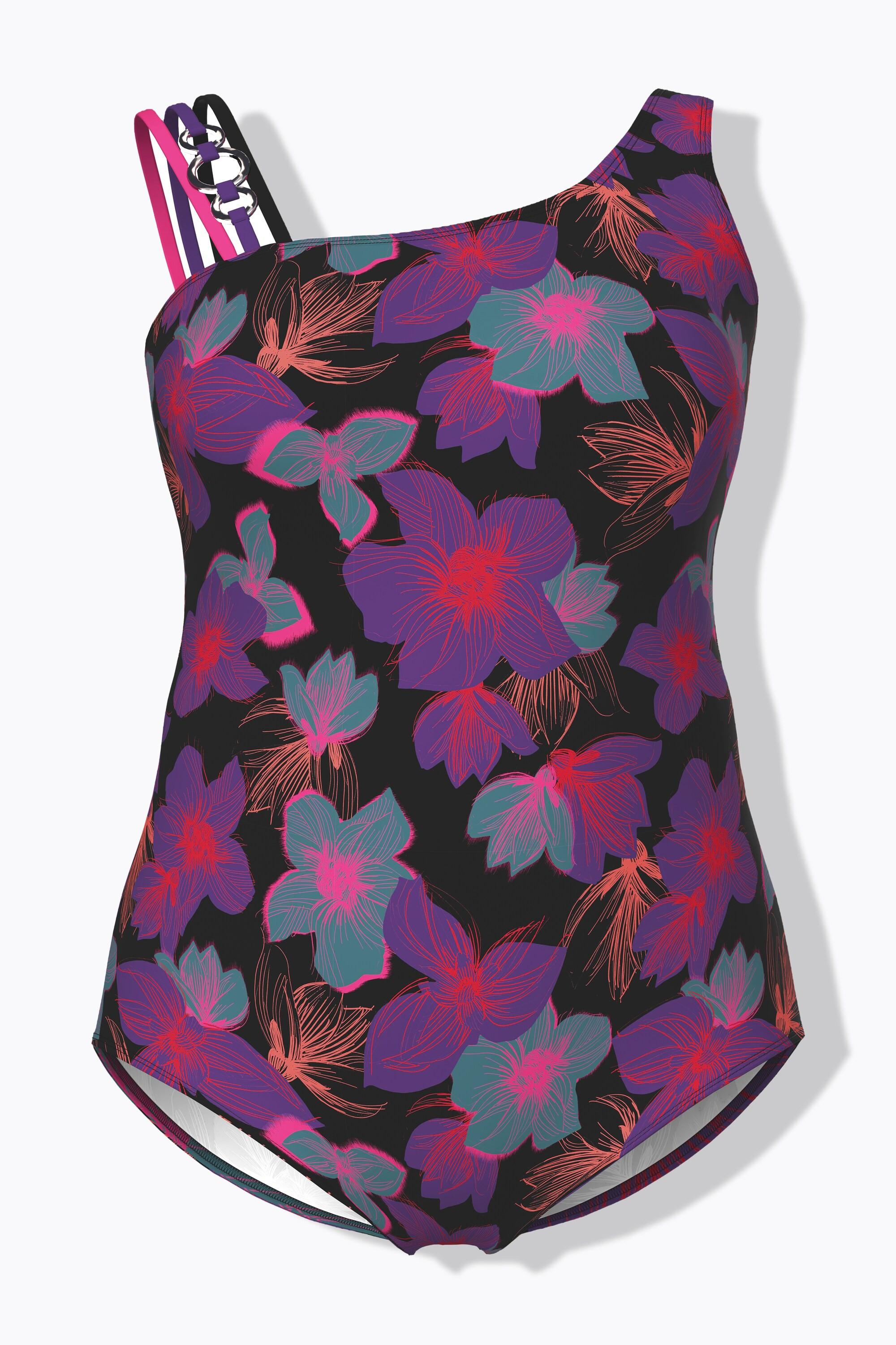 Ulla Popken Badeanzug, Blüten, Softcups, Zierring, recycelt