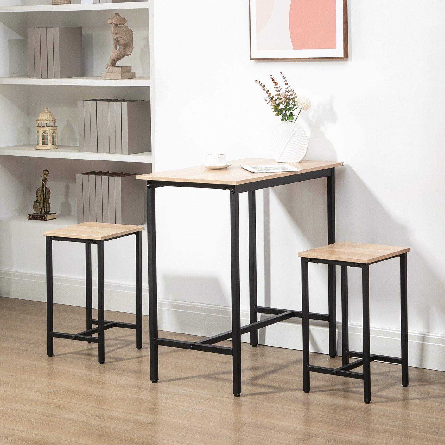 Northio 3-Teilige Essgruppe Esstisch Set Für Balkon & Garten, Spanplatte & Stahlrahmen, Naturholz-Look & Schwarz, 80X50X85Cm