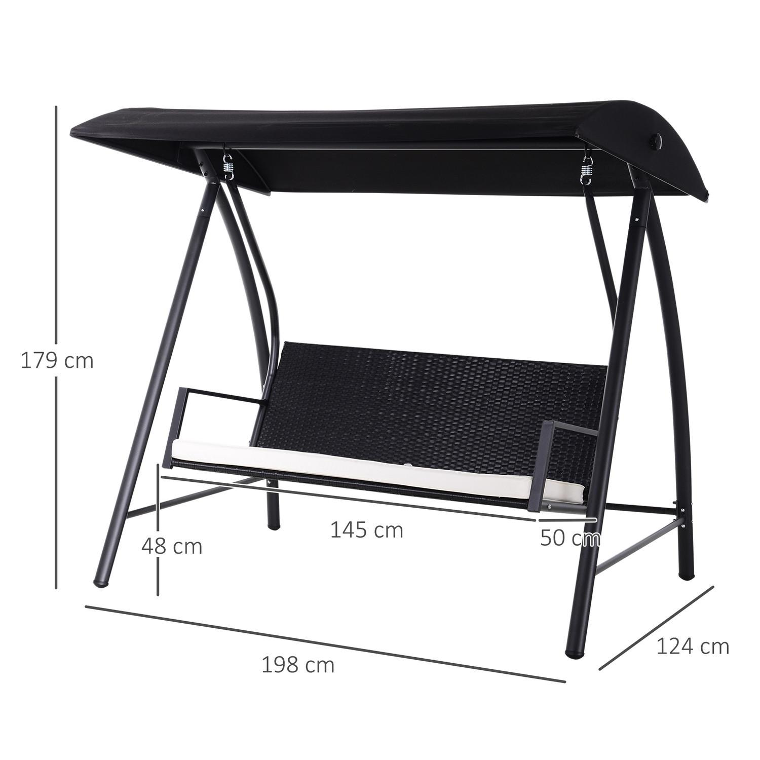 Northio Hollywoodschaukel 3-Sitzer Gartenschaukel Mit Dach Aus Polyrattan+Metall, Schwarz, 198 X 124 X 179 Cm