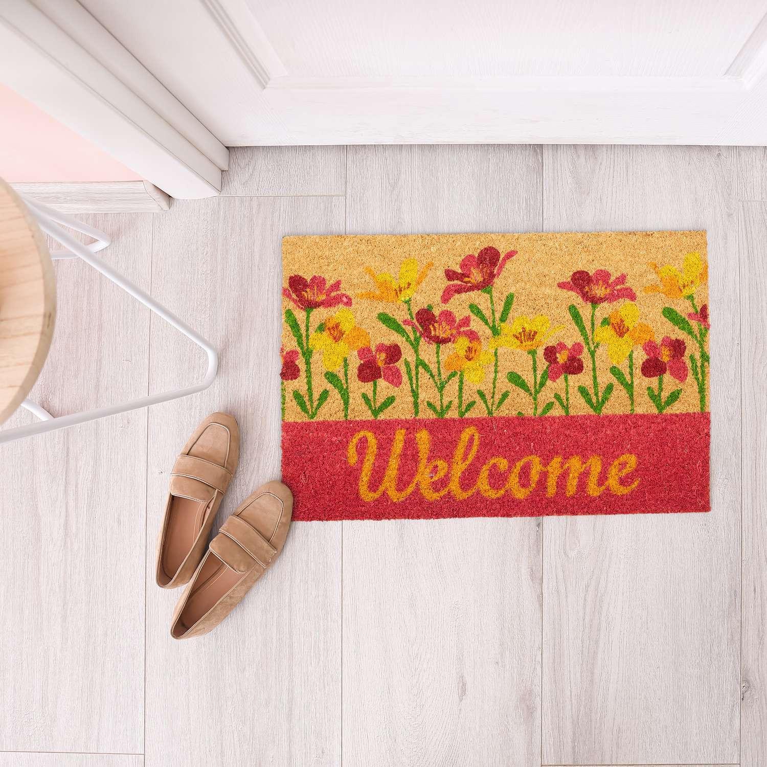 B2X Fußmatte aus Kokosfaser „Welcome“ Blumen