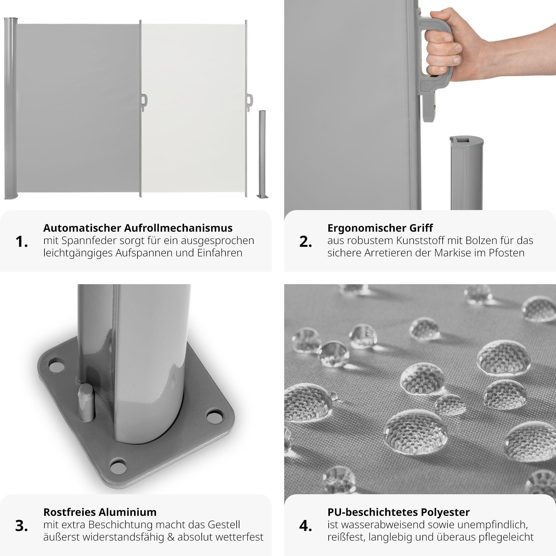 Tectake Aluminium Seitenmarkise ausziehbar mit Aufrollmechanismus