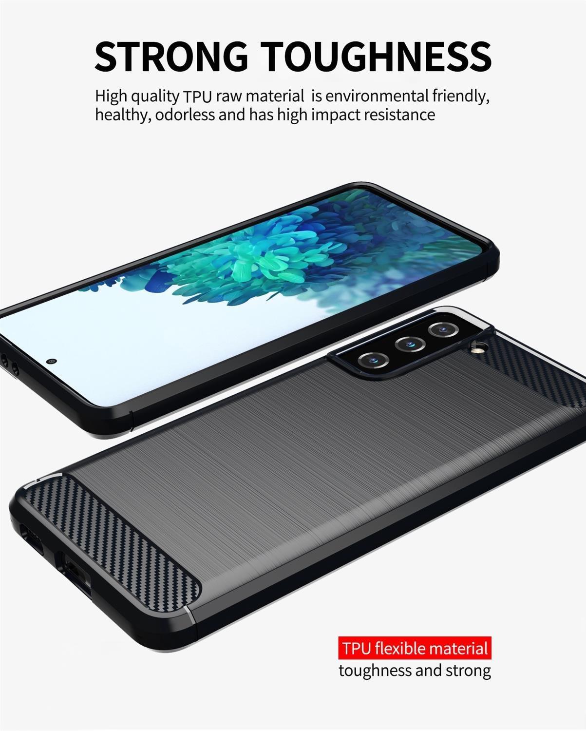 Cadorabo Hülle für Samsung Galaxy S21 PLUS TPU Silikon Edelstahl-Karbonfaser Optik