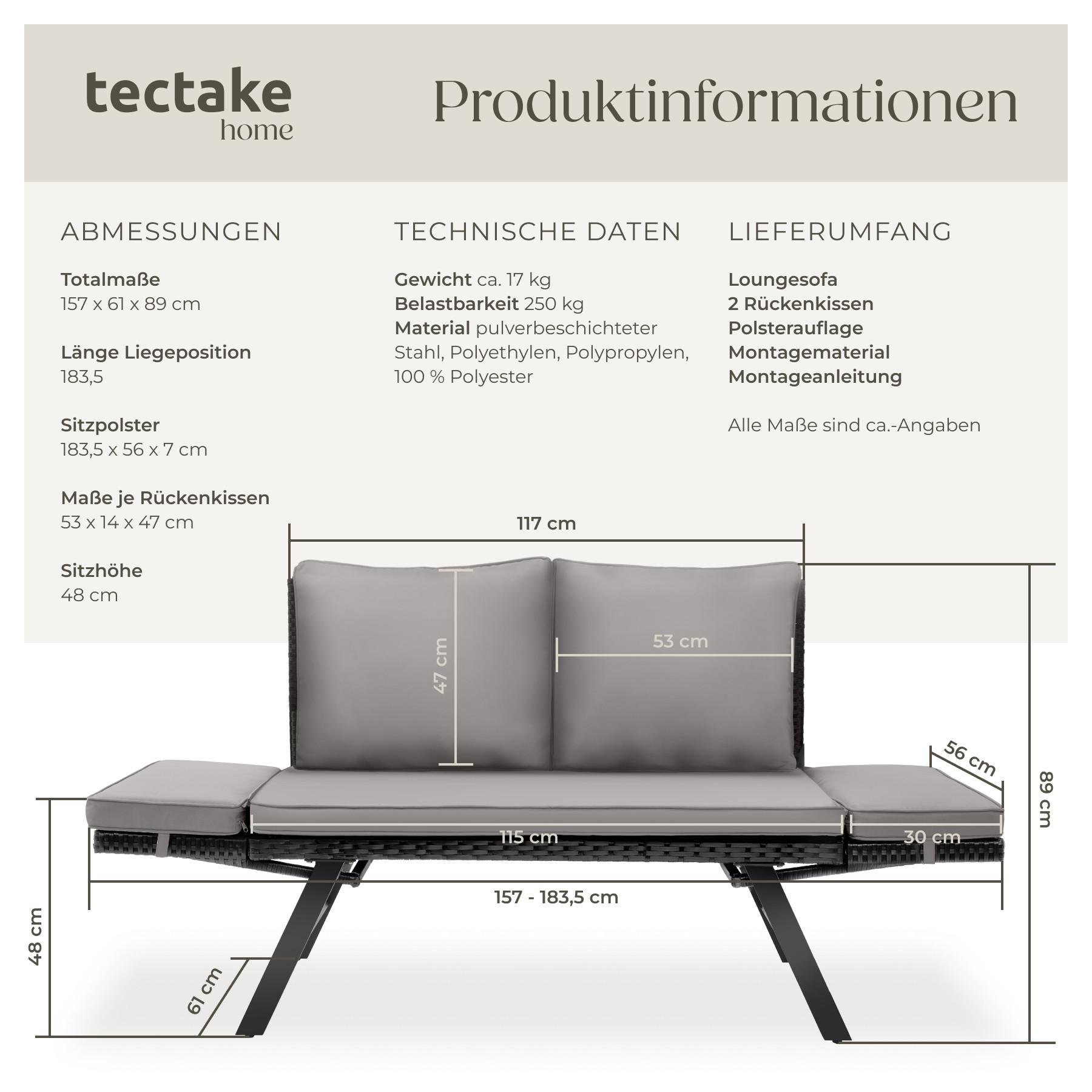 Tectake Rattan-Loungesofa Sintra, verstellbare Armlehnen, 2in1