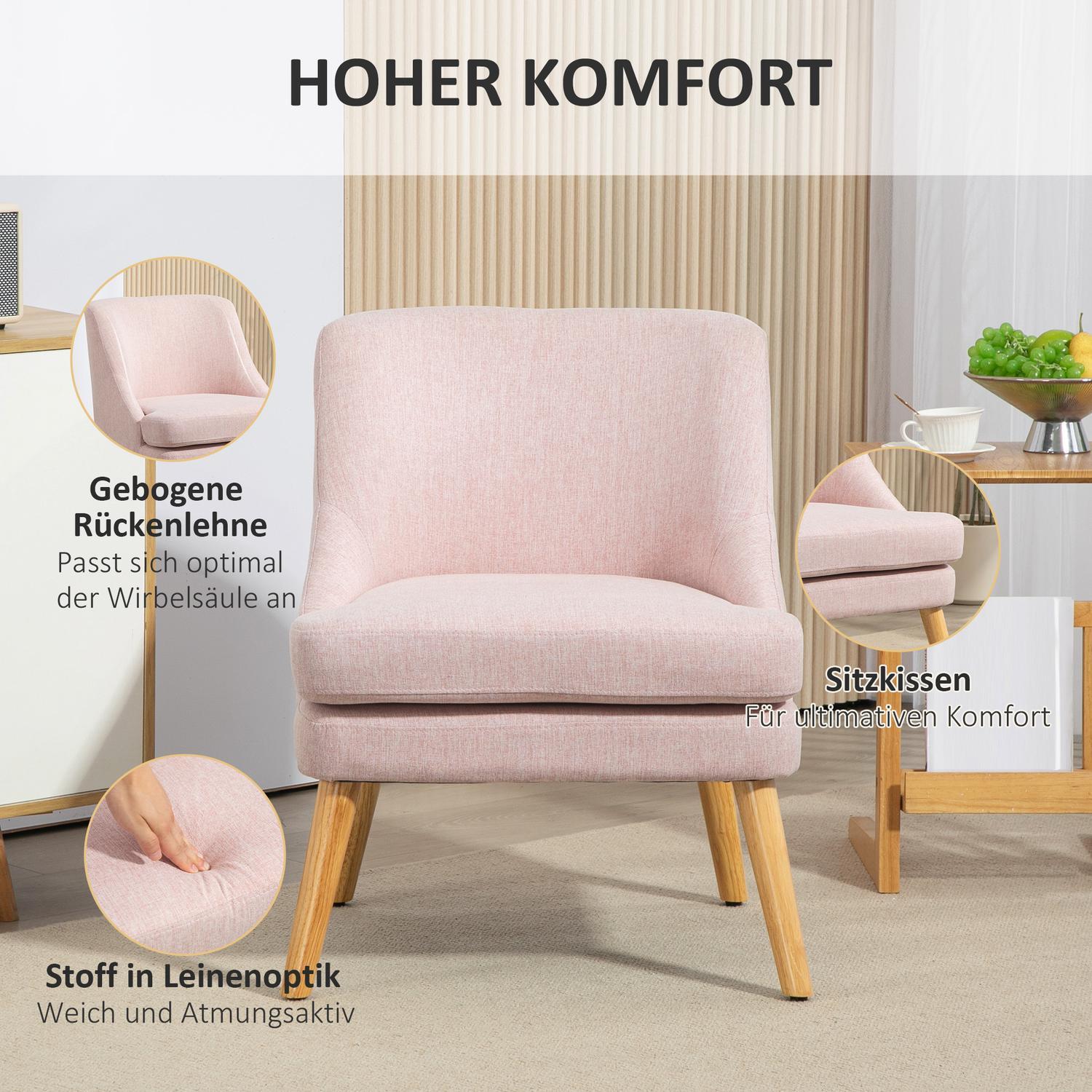 Northio Sessel Loungesessel mit Leinenoptik, Armlehne, Gepolstert Relaxsessel mit Holzbeine, für Wohnzimmer, Schlafzimmer, Rosa