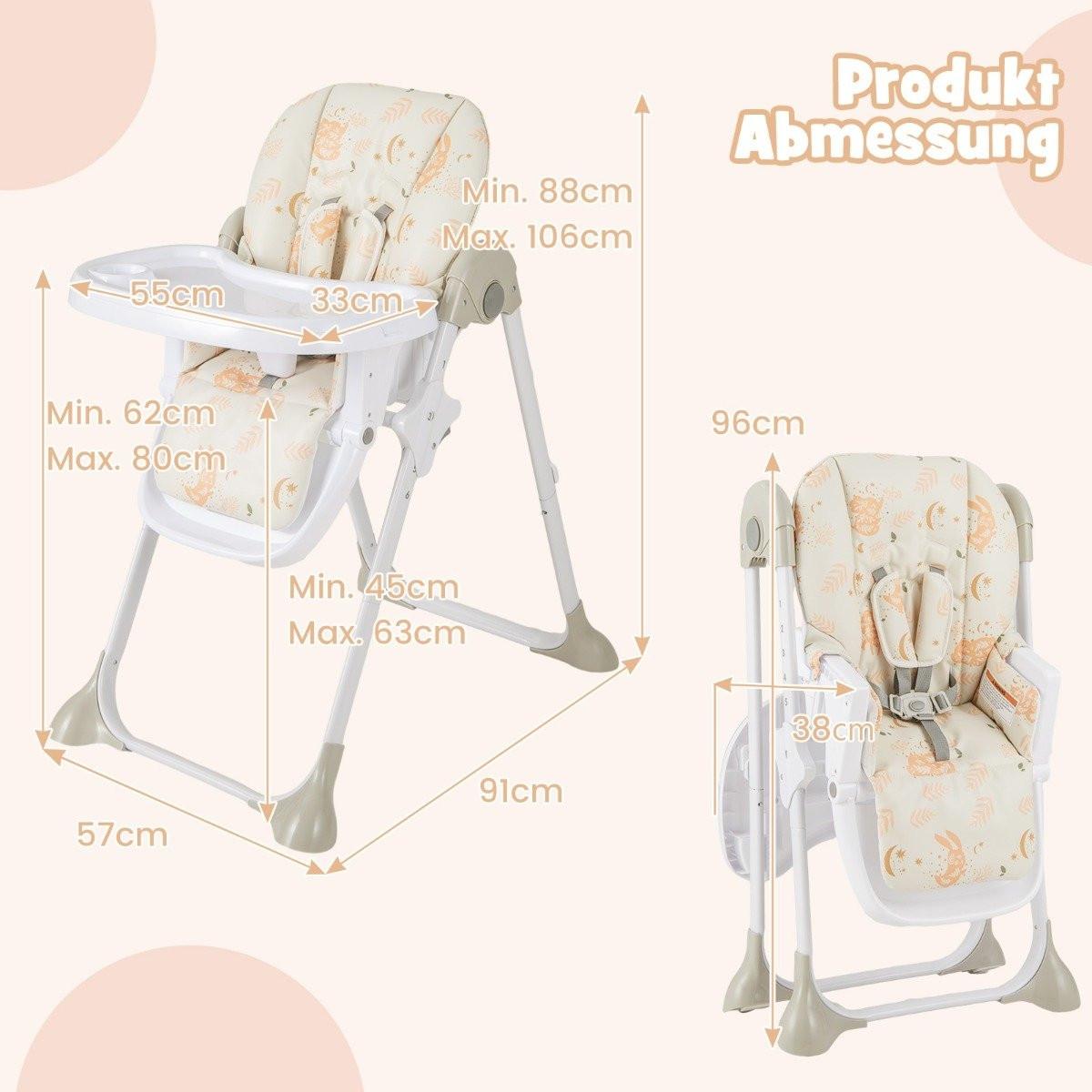 B2X 6 in 1 Umwandelbarer Babyhochstuhl mit Liegefunktionen & Doppeltablett Klappbarer Hochstuhl Beige