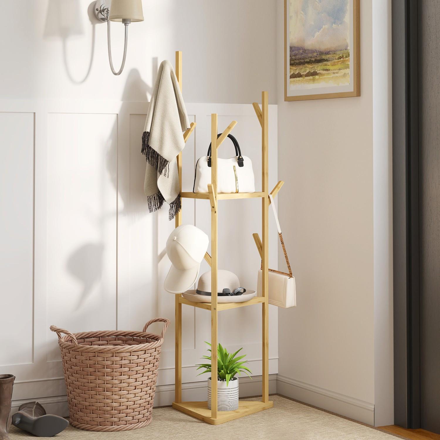 Northio Garderobenständer, Kleiderständer mit 8 Haken, 3 Ebenen, Jackerständer für Hüte, Kleidung, Eingang, Flur, 45 x 45 x 170 cm, Bambus, Natur |