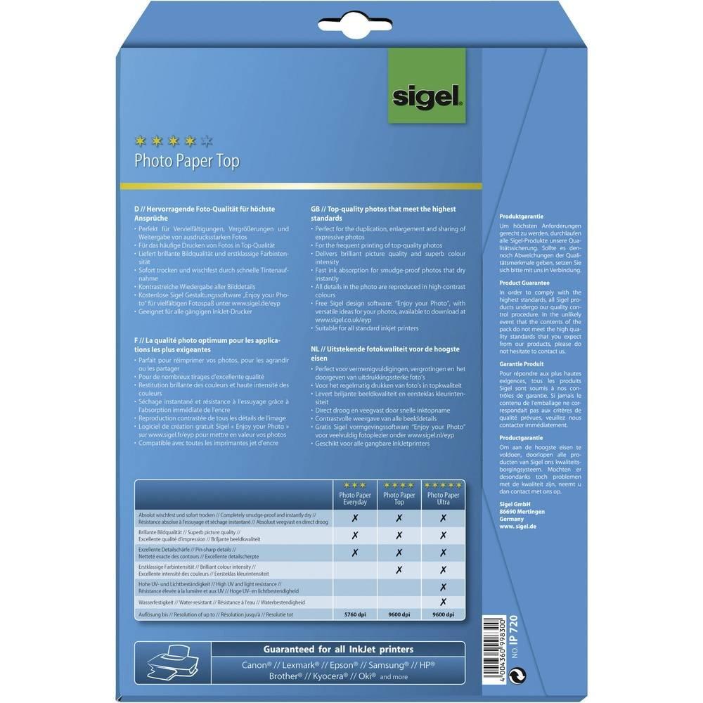 Sigel Inkjet Fotopapier Top, 2-seitig hochglänzend, 190 g/m², A4, 20 Blatt