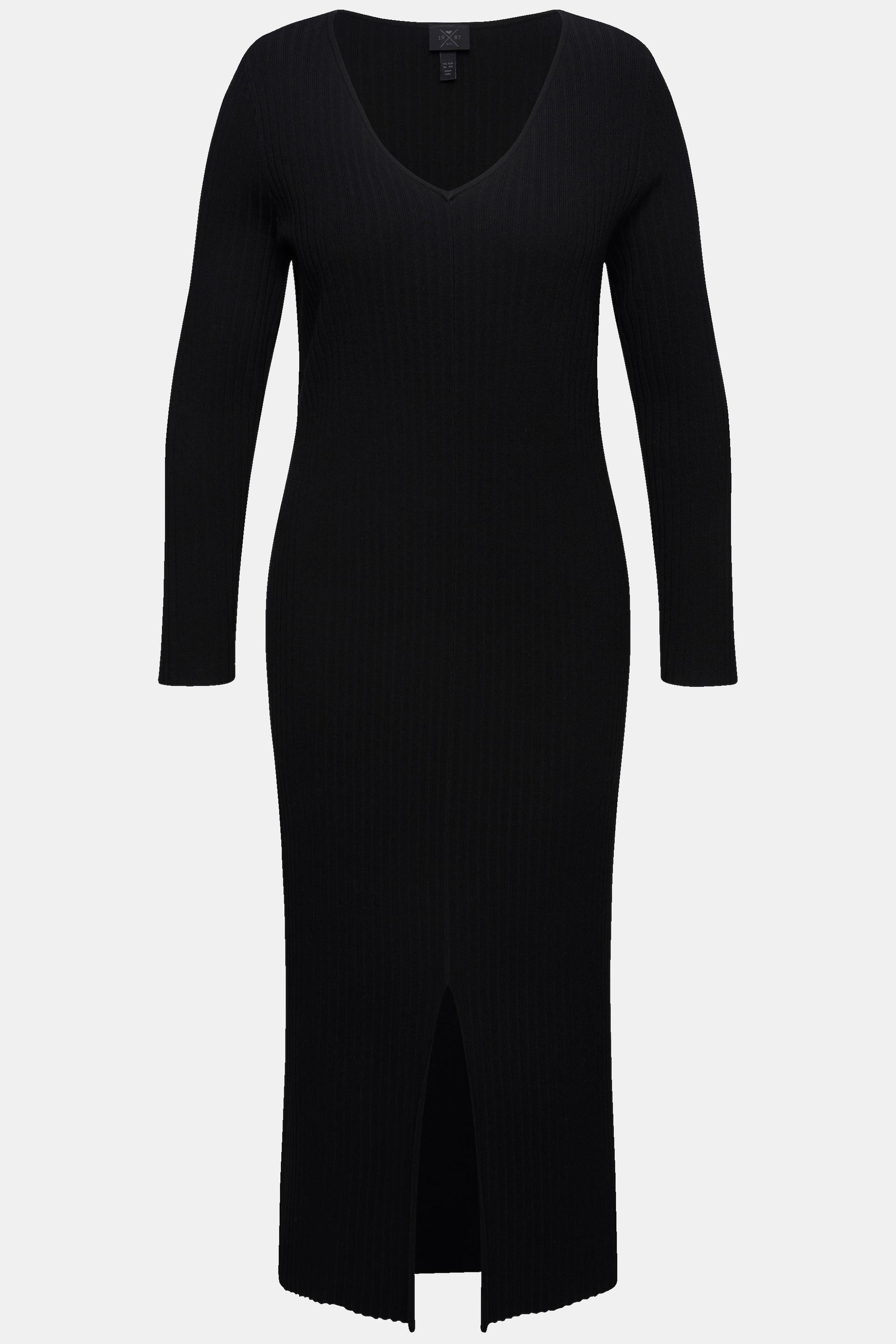 Ulla Popken Maxi Strickkleid Rippstrick Slim Fit V-Ausschnitt Langarm
