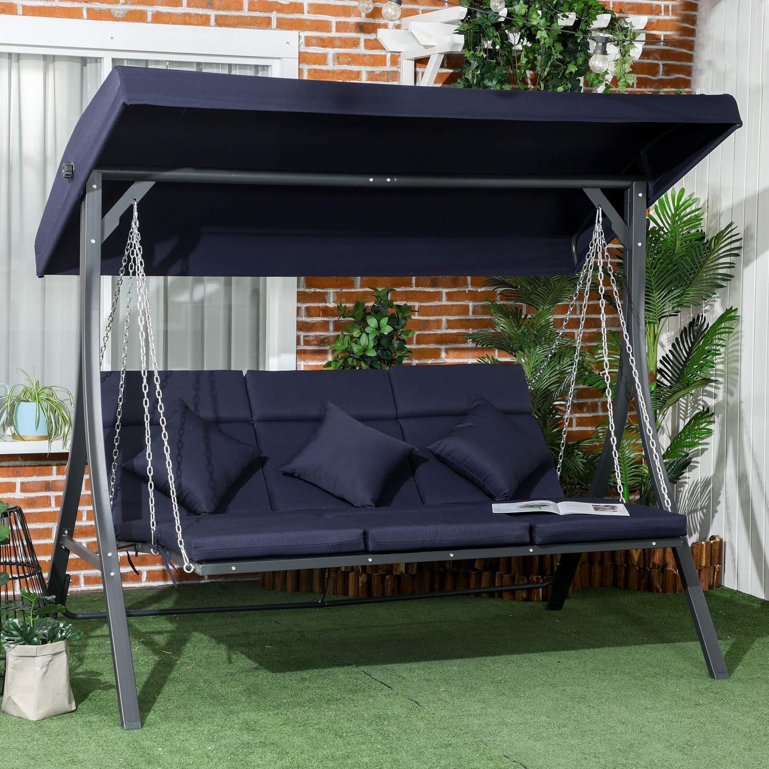 Northio Hollywoodschaukel 3-Sitzer, Schaukelbank Mit Verstellbarem Sonnendach, Gartenschaukel Mit Kissen, Bis 270 Kg Belastbar, Metall, Texteline, Dunkelblau, 198 X 118 X 168 Cm