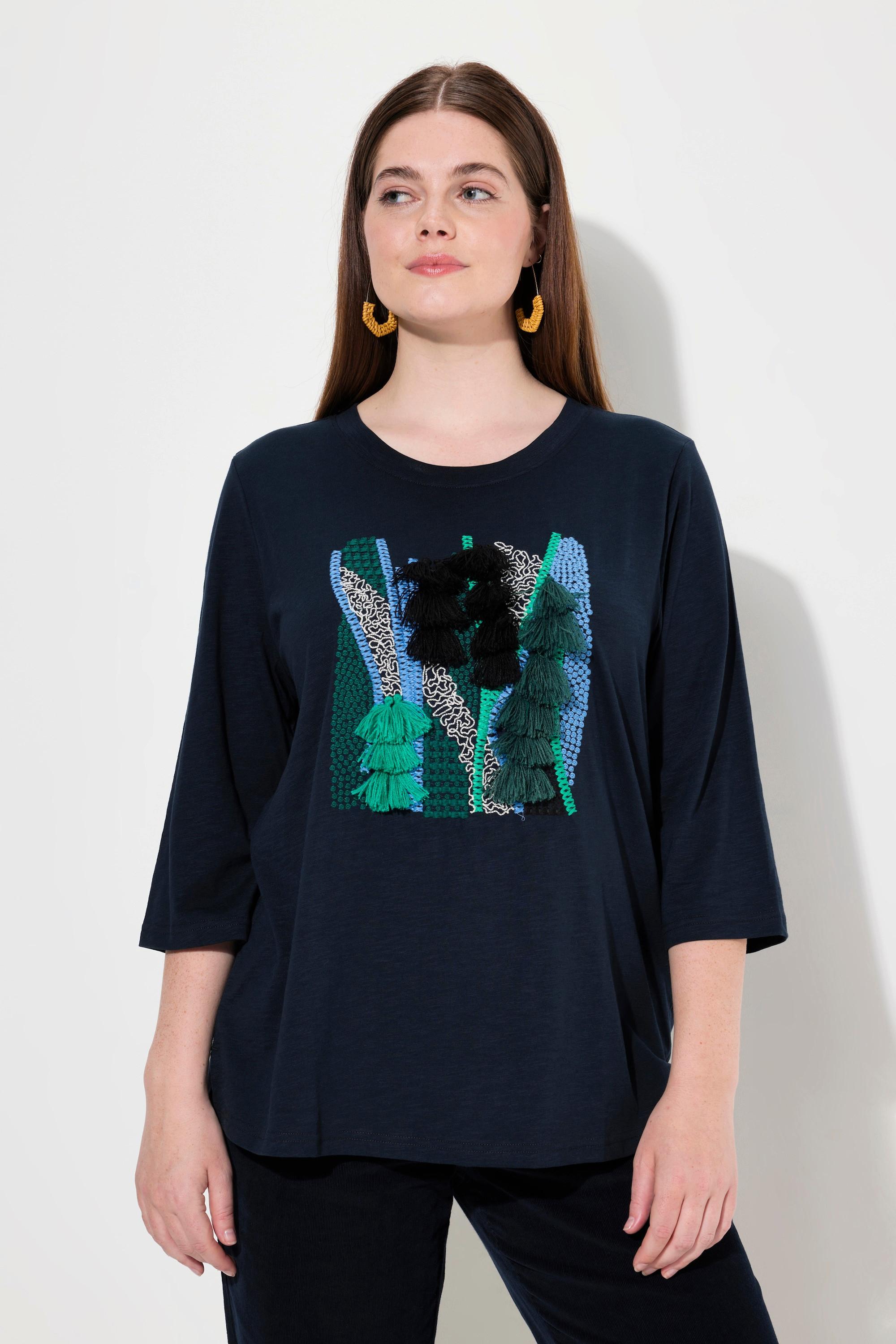 Ulla Popken Shirt Stickerei Rundhals 3/4-Arm Biobaumwolle