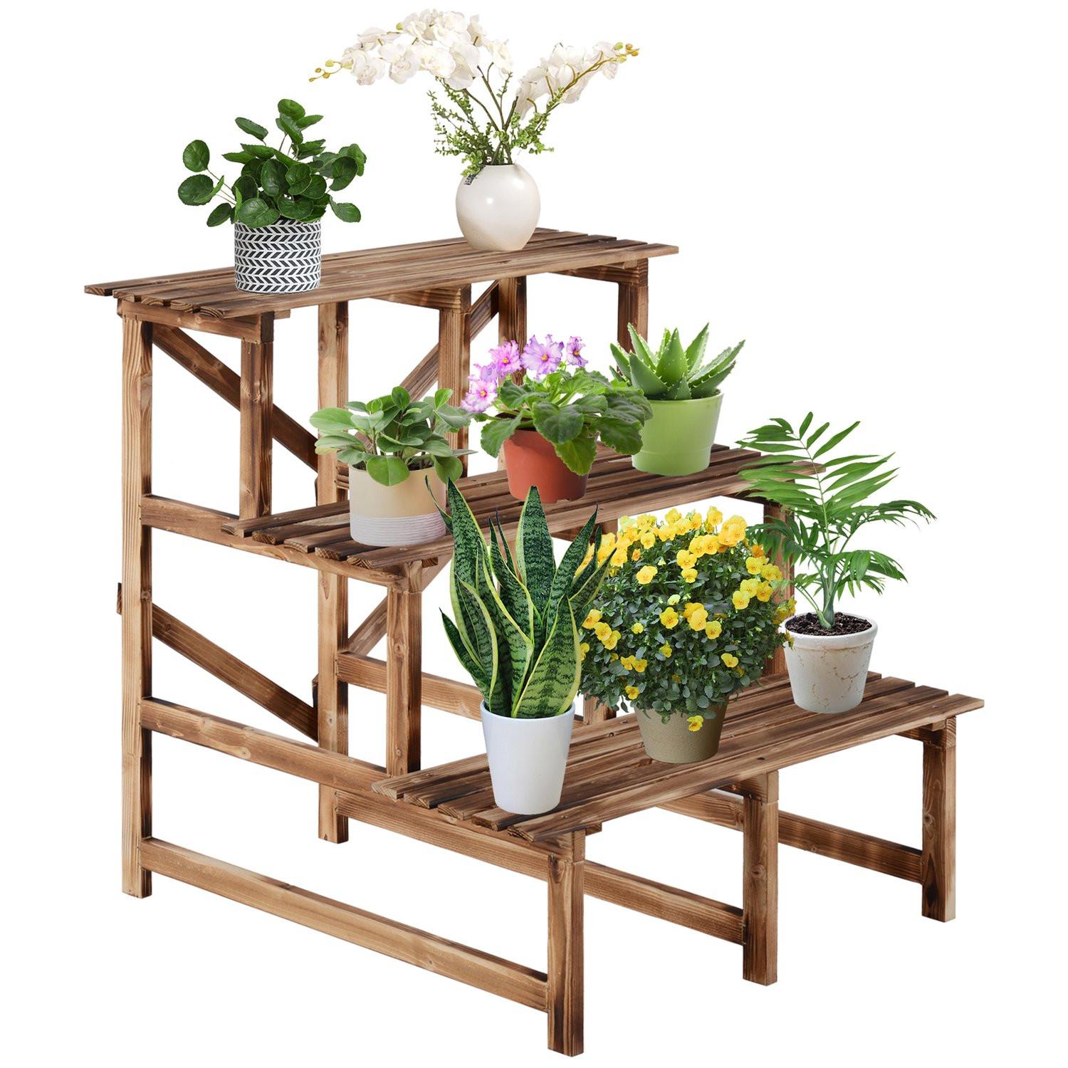 Northio Pflanzentreppe Blumenregal 3 Stufen aus Tannenholz 80 x 80 x 78cm für Garten Balkon & Terrasse