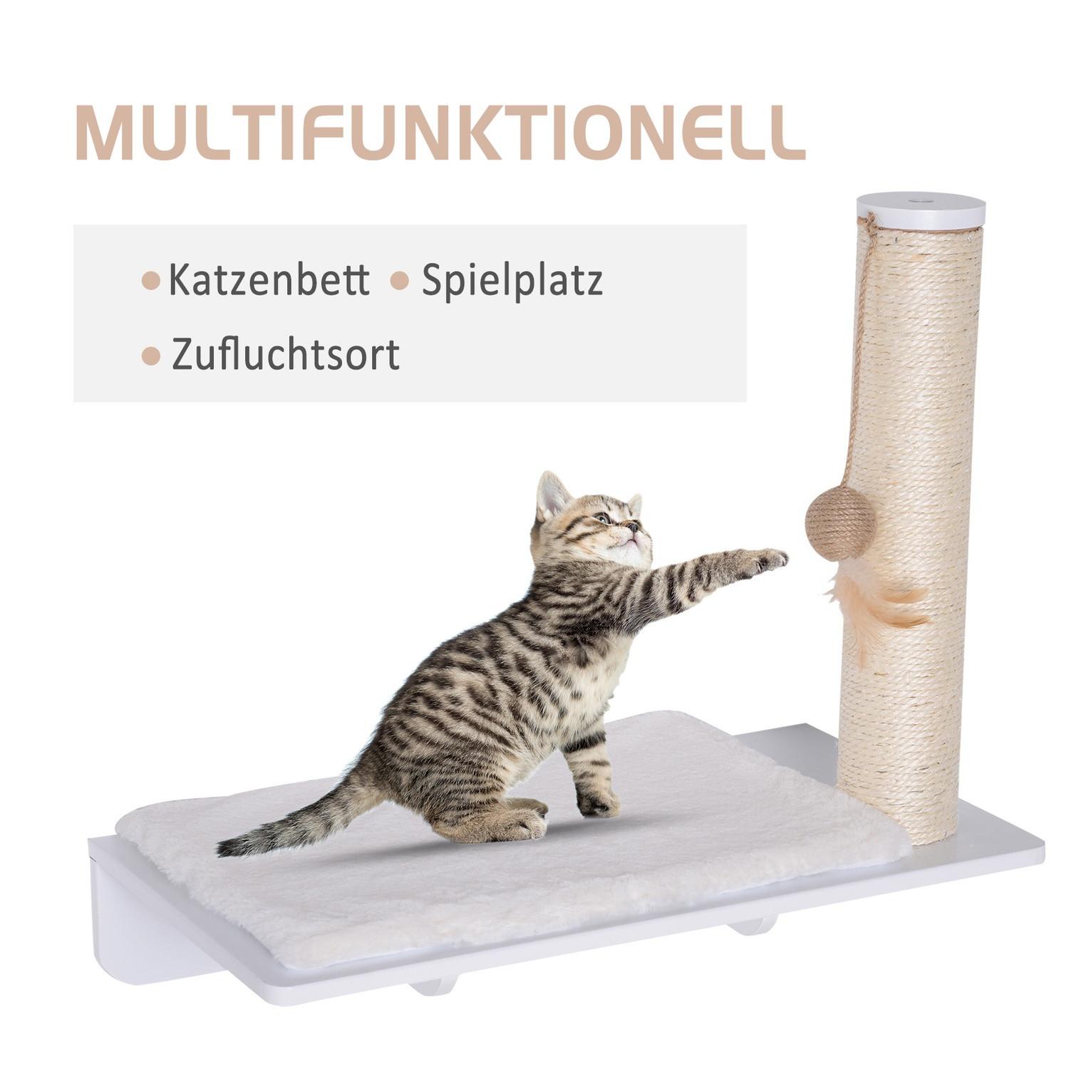 Northio Katzenliege Mit Kratzbaum Unterhaltsames Katzenregal Mit Ballspielzeug, Plüschauflage, Weiß, 53Cm