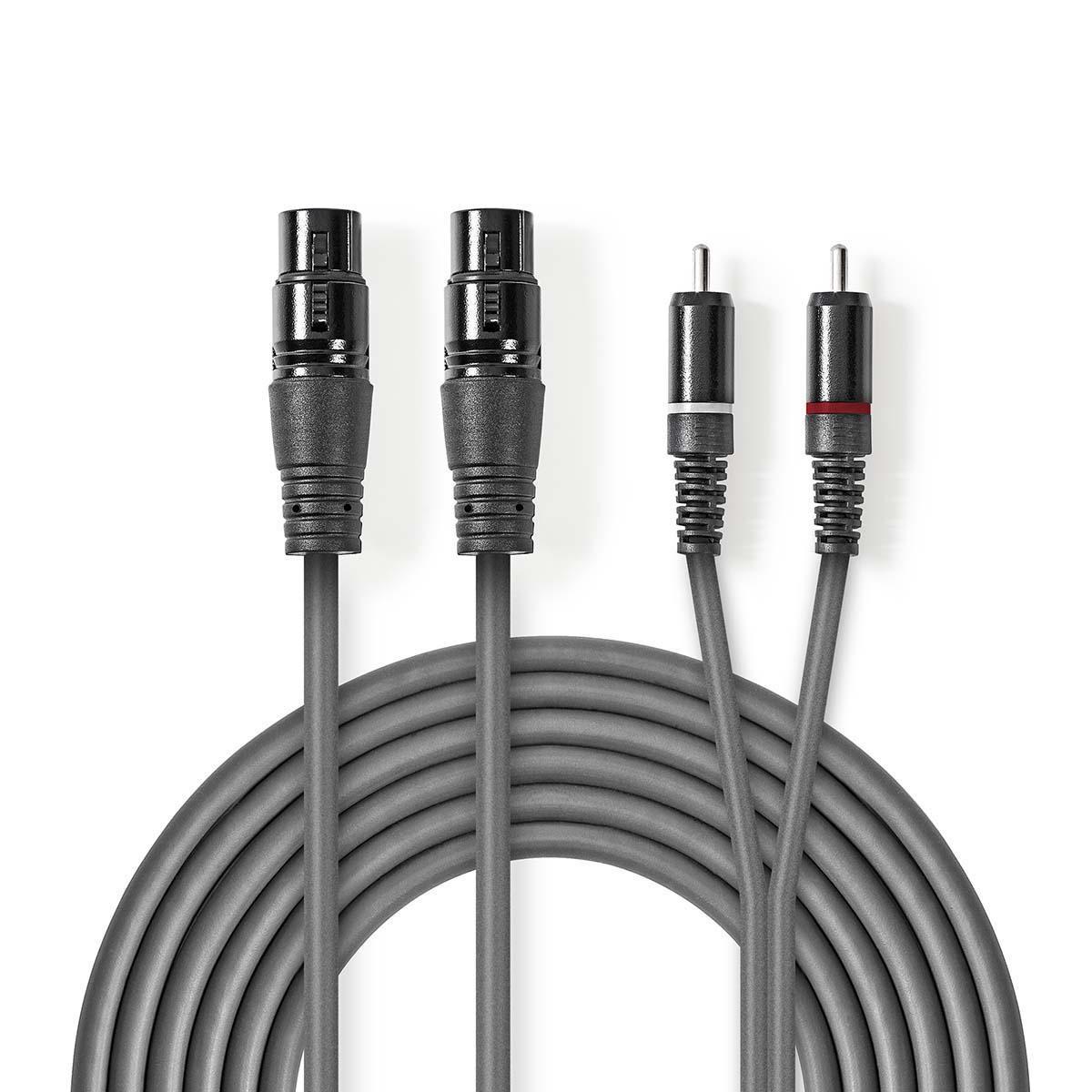 Nedis Symmetrisches Audiokabel | 2x XLR 3-Pin Female | 2x RCA Male | Vernickelt | 3,00 m | Rund | PVC | Dunkelgrau | Papphülle