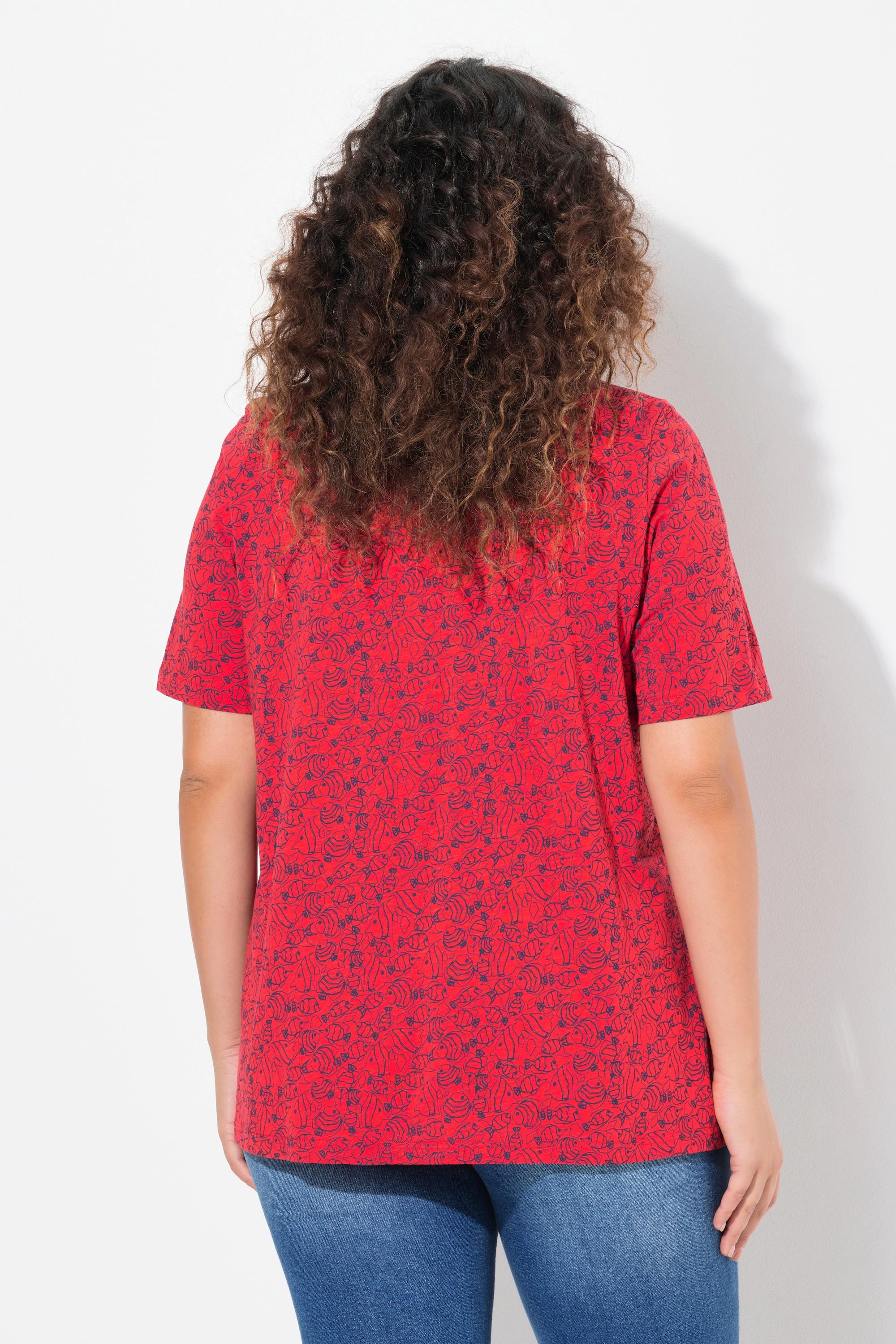 Ulla Popken Fische Zierfalten V-Ausschnitt Halbarm T-Shirt