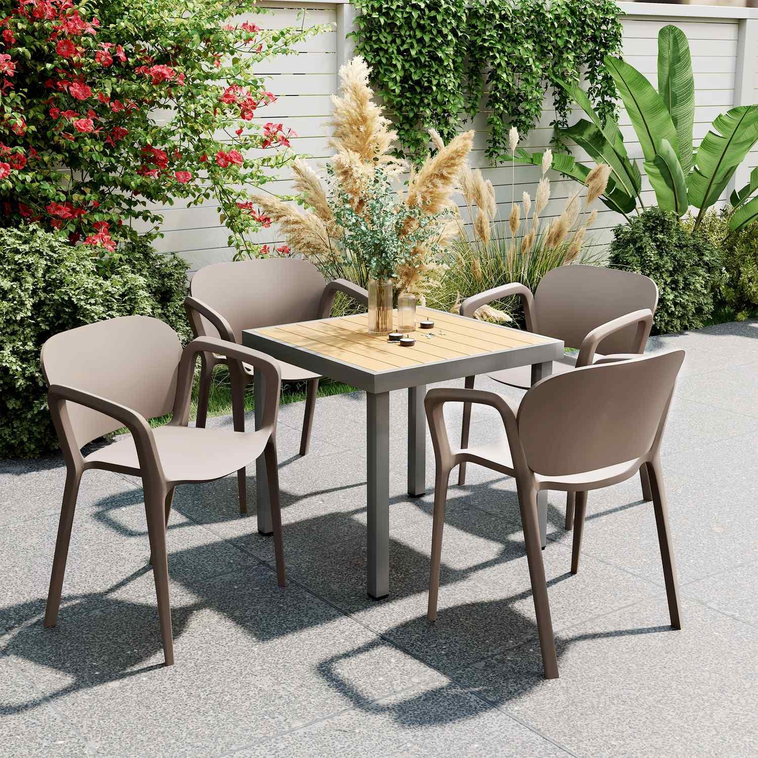 Northio Gartenstuhl 4er Set wetterfest Gartenstühle aus Kunststoff Stapelstuhl mit Armlehne Rückenlehne stapelbar Terrassenstuhl bis 120 kg belastbar Gartenmöbel für Hinterhof, Garten, Balkon Grau Aosom