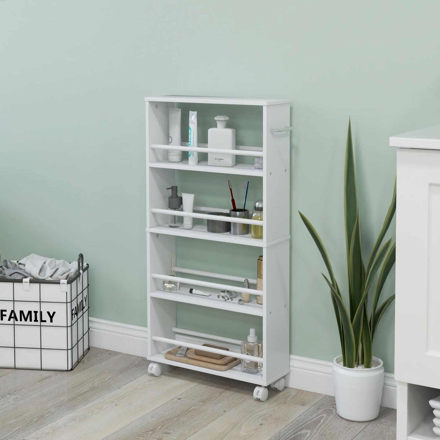 Northio Rollwagen, Schmaler Servierwagen mit 4 Etagen, Griffe, Aufbewahrungswagen für Küche, Wohnzimmer, Weiß, 45 x 15 x 91 cm