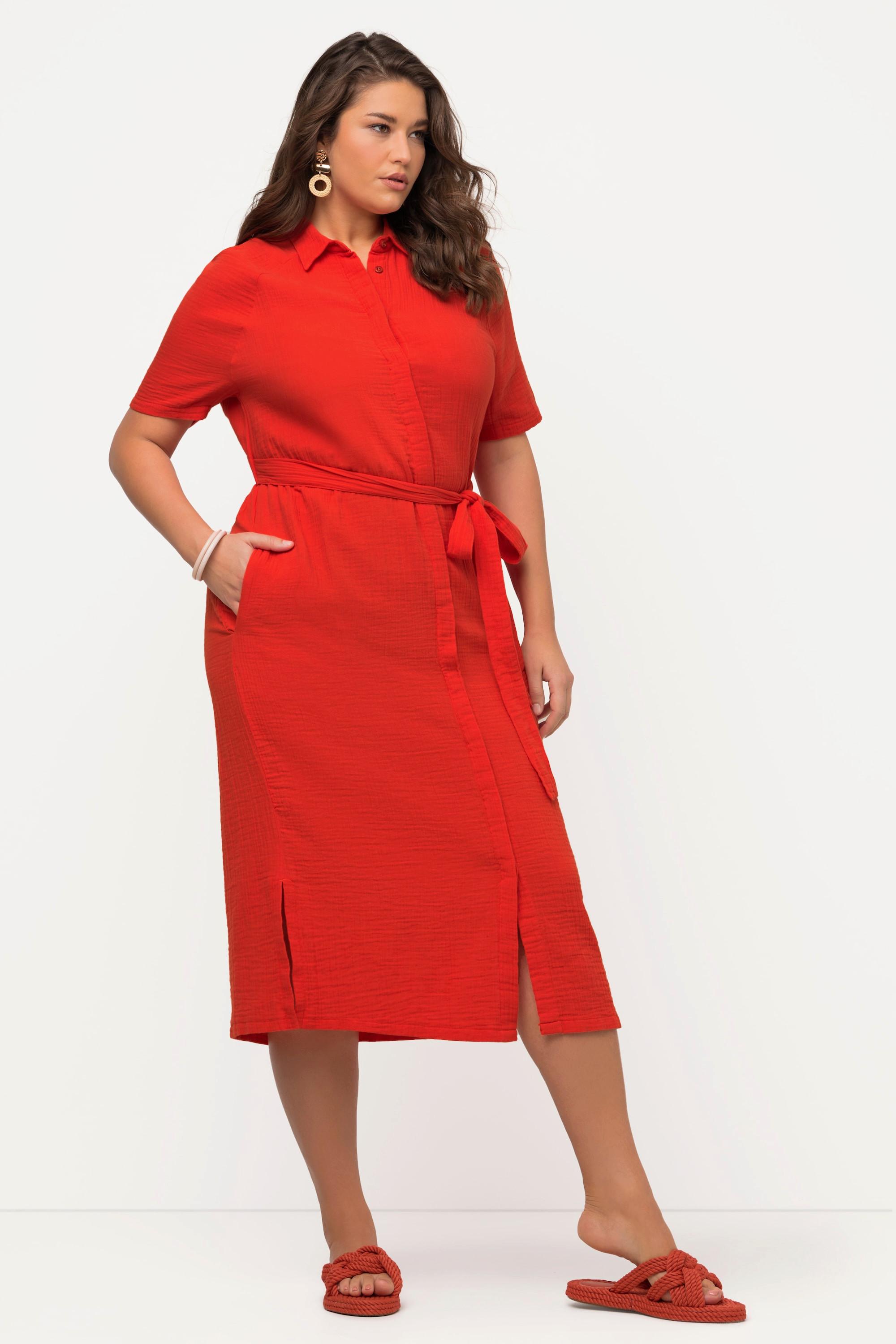 Ulla Popken Midikleid Hemdkragen Halbarm Musselin