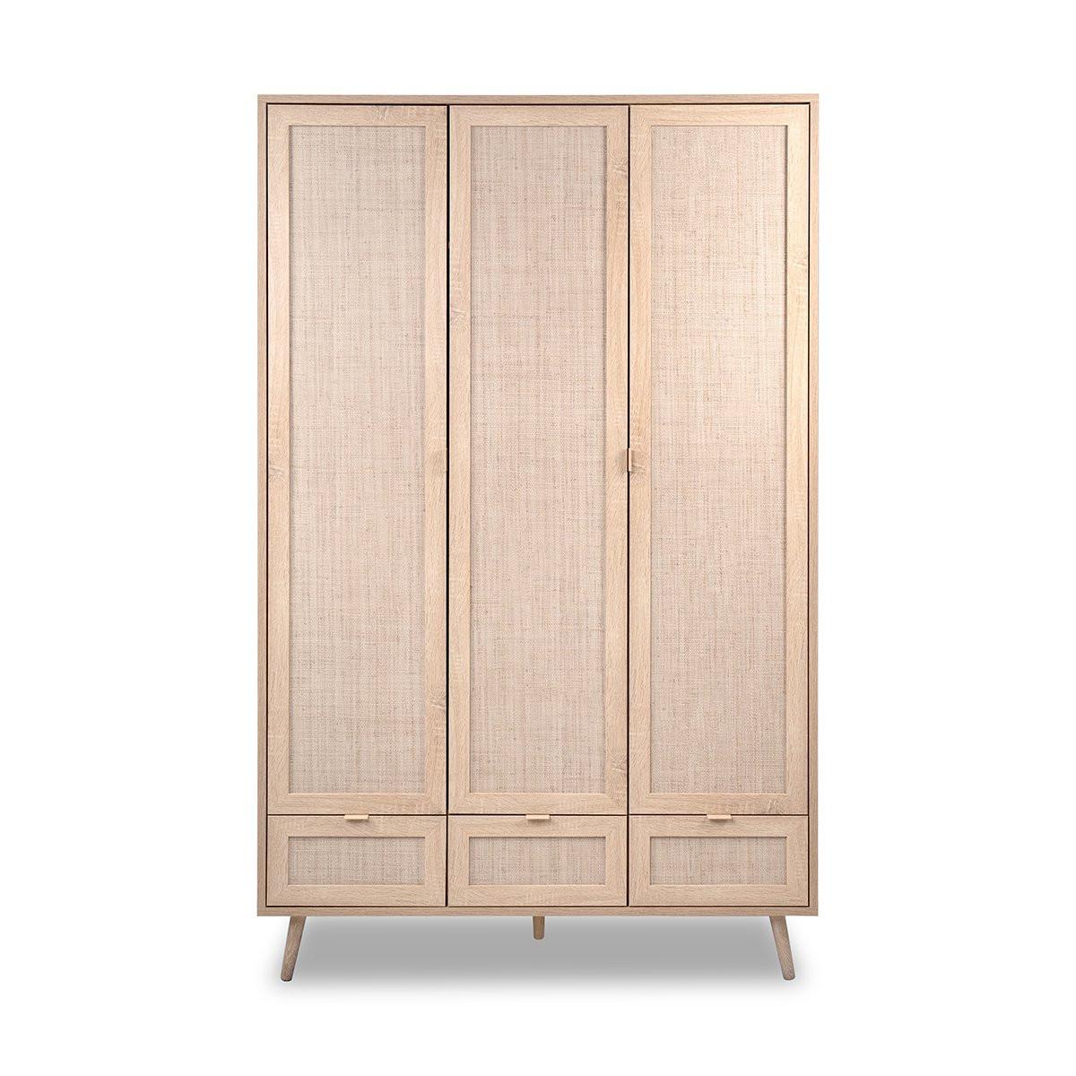 Calicosy Schrank mit 3 Türen, 3 Schubladen, 2 Kleiderstangen L120cm - Rattan-Druck - Bali
