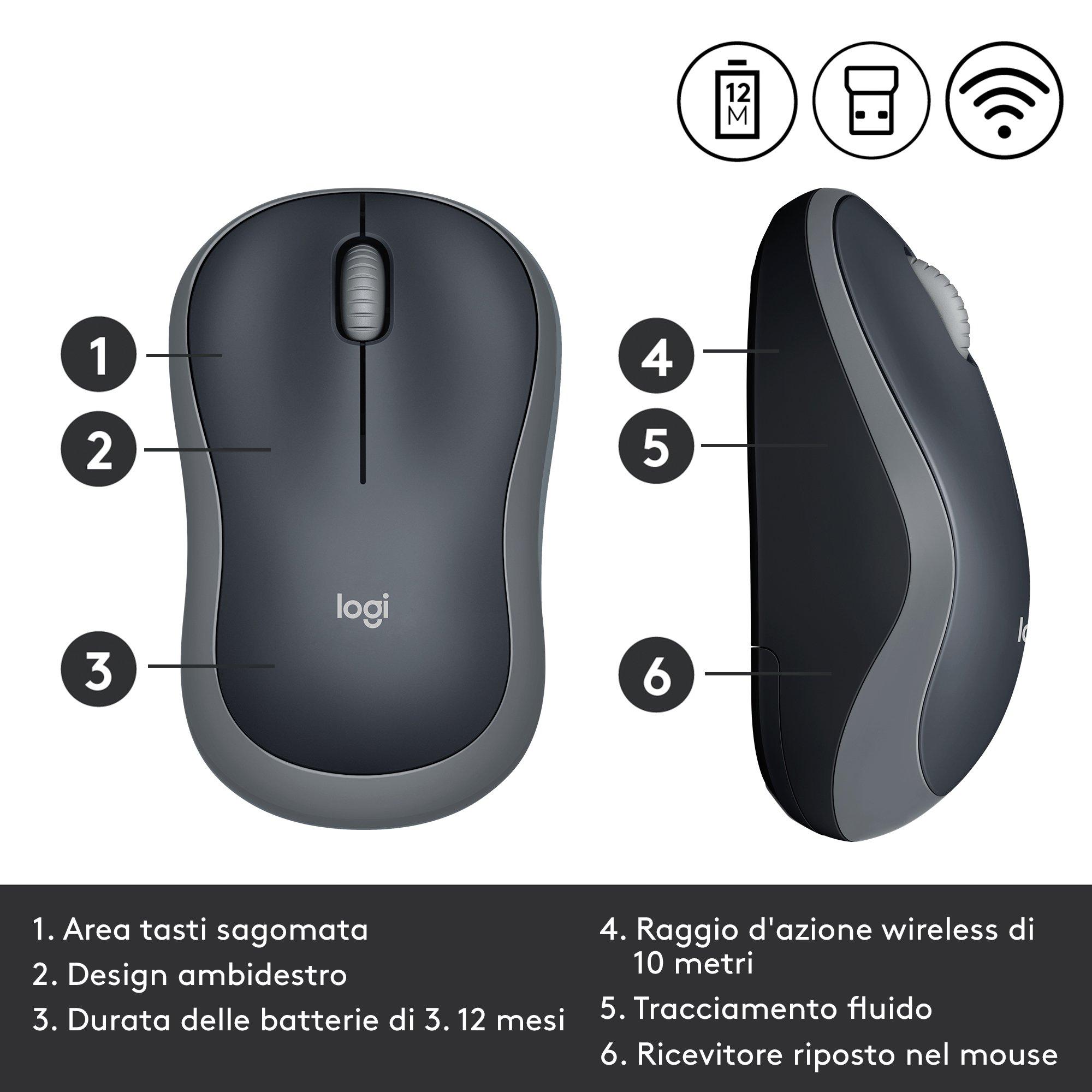Logitech M185 - Maus - optisch - kabellos - 2.4 GHz - kabelloser Empfänger (USB) - Grau