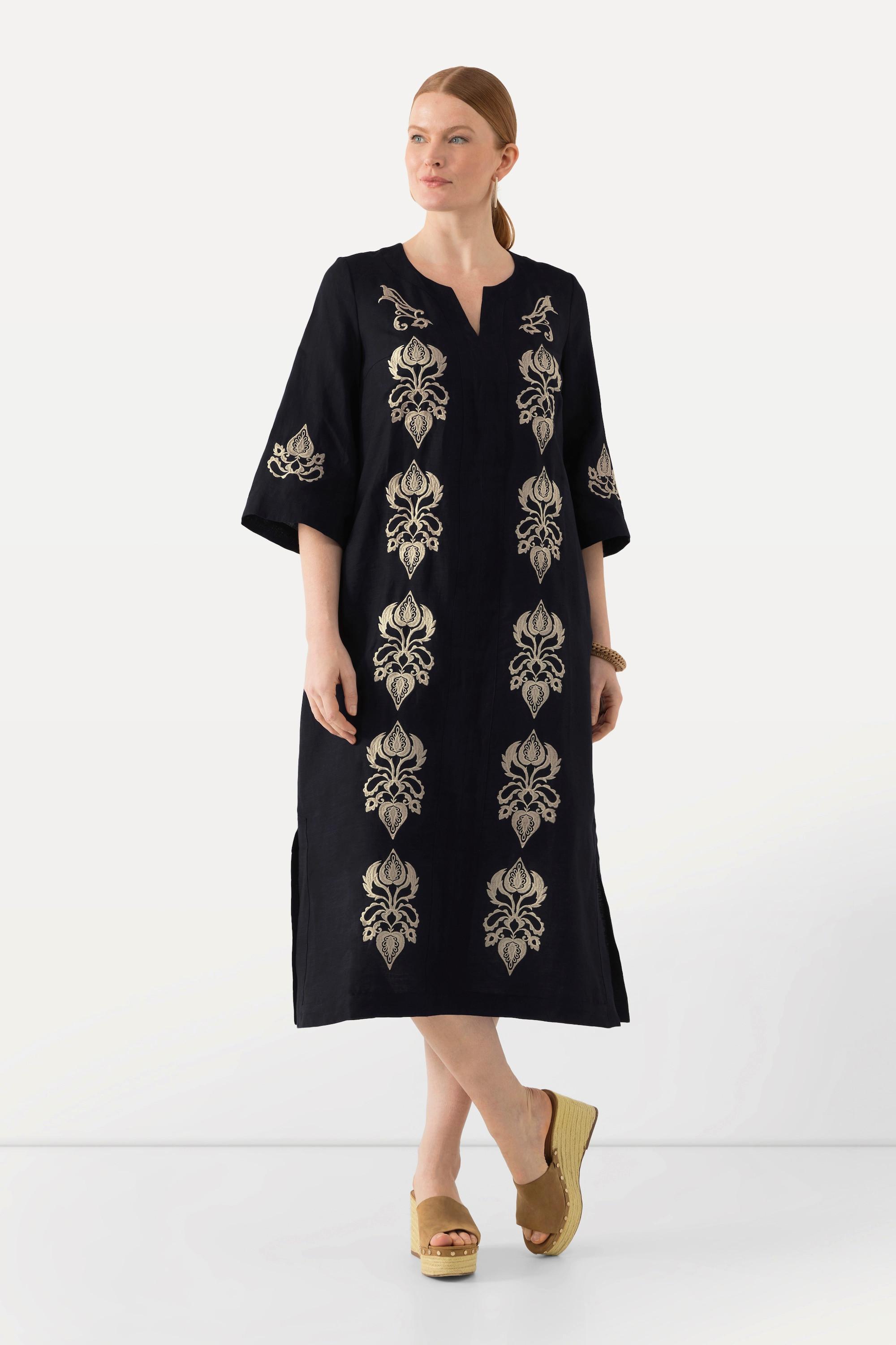 Ulla Popken Leinen Maxikleid Stickerei Tunika Ausschnitt 3/4 Arm