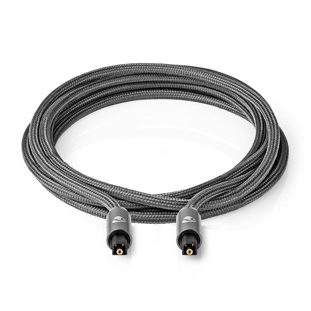 Nedis Optisches Audiokabel | TosLink Stecker | TosLink Stecker | 5,00 m | Rund | Geflochten | Grau mit Metall | Karton mit abgedecktem Fenster