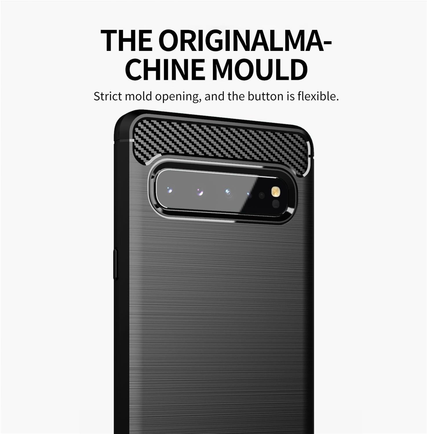 Cadorabo Hülle für Samsung Galaxy S10 5G TPU Silikon Edelstahl-Karbonfaser Optik