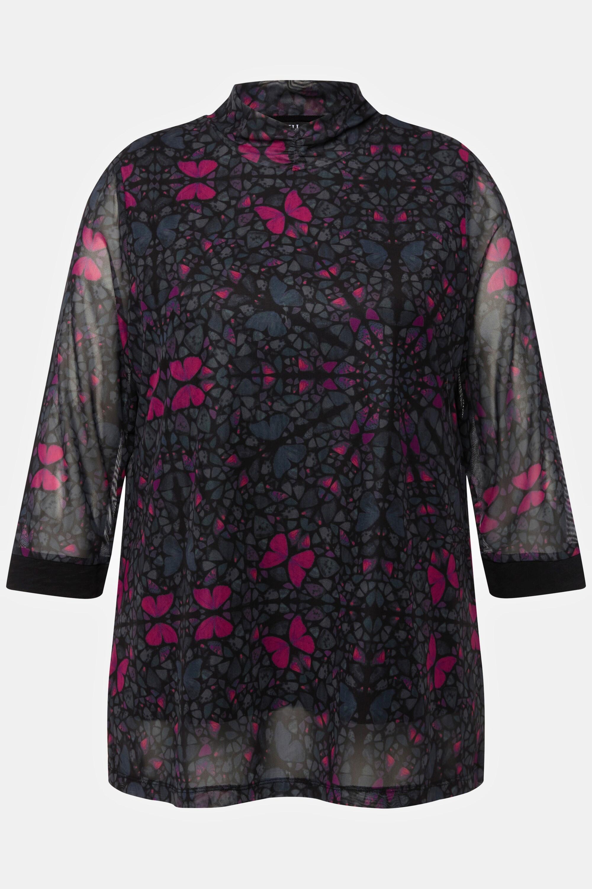 Ulla Popken Mesh A-Linie doppellagiges Stehkragen 3/4-Arm Shirt