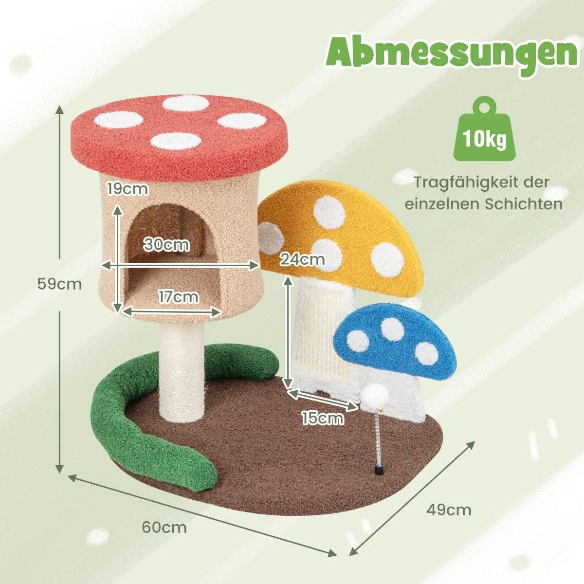 Northix Kratzbaum in Pilzoptik Katzenbaum mit Katzenhöhle & Sisal-Kratzbrett & große Basis & Spielball 60 x 49 x 59 cm