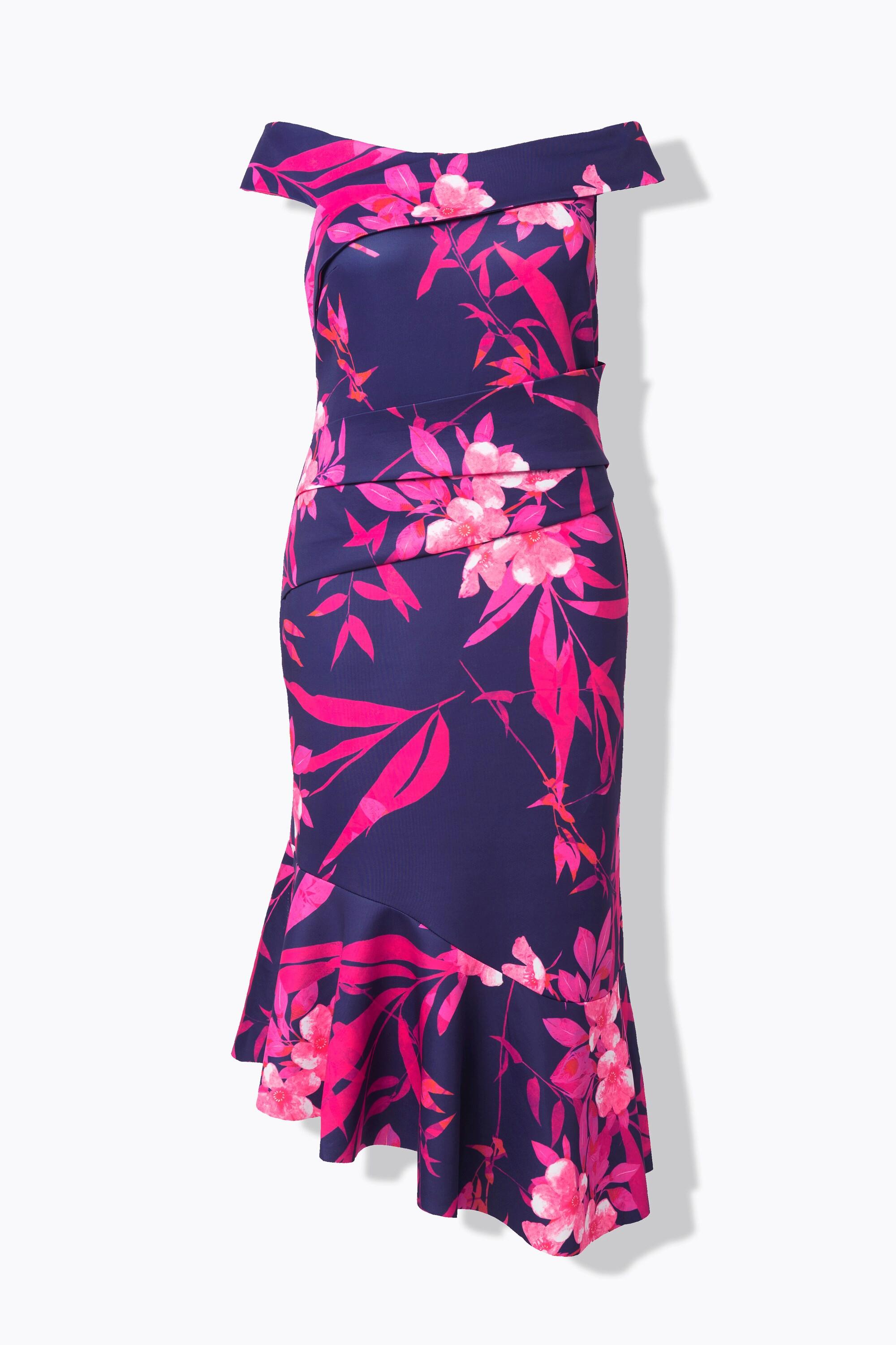 Ulla Popken Scuba Maxikleid mit Blumenmuster Carmenausschnitt und Drapierung