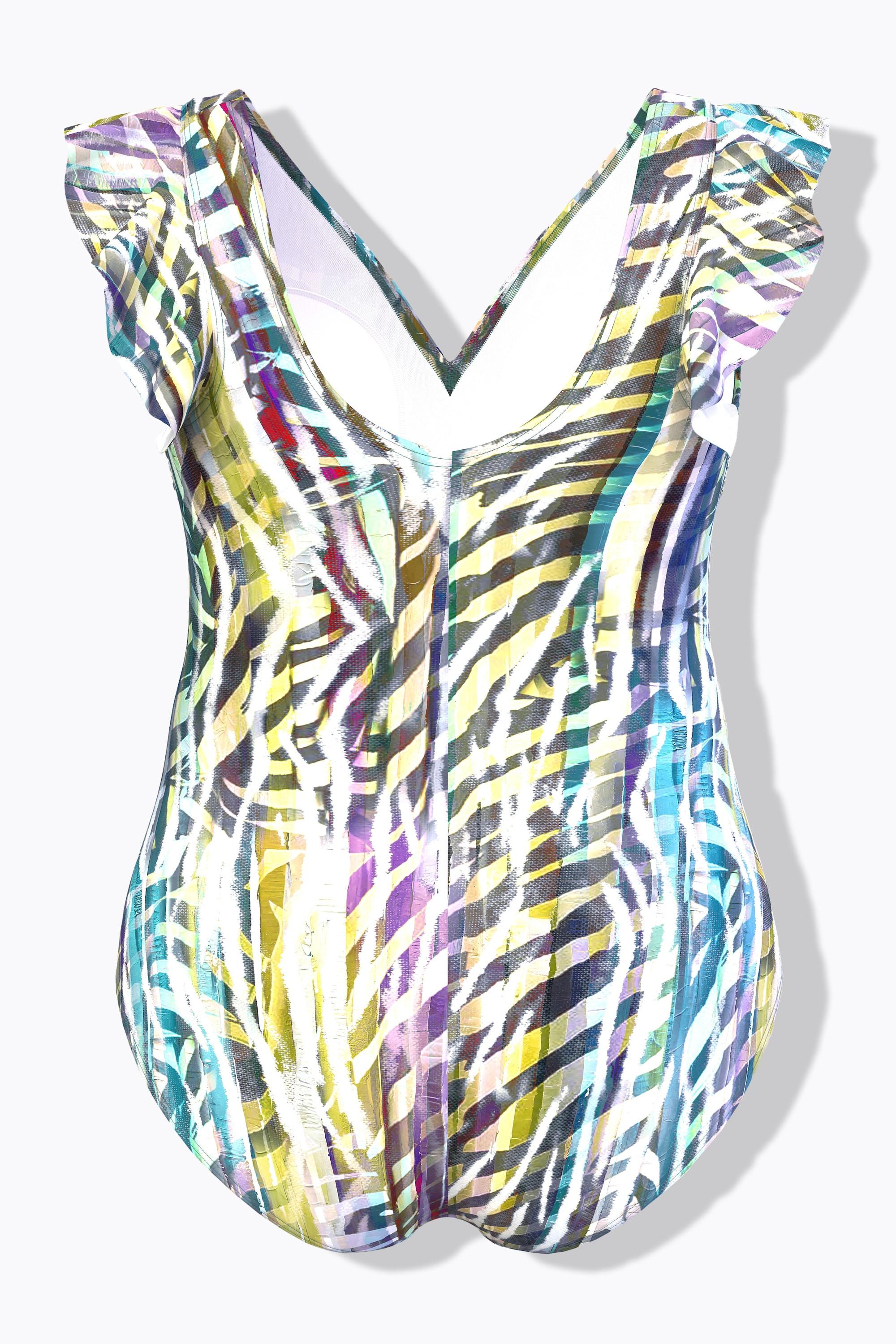 Ulla Popken Badeanzug, Animal-Streifen, Softcups, Ärmelvolant