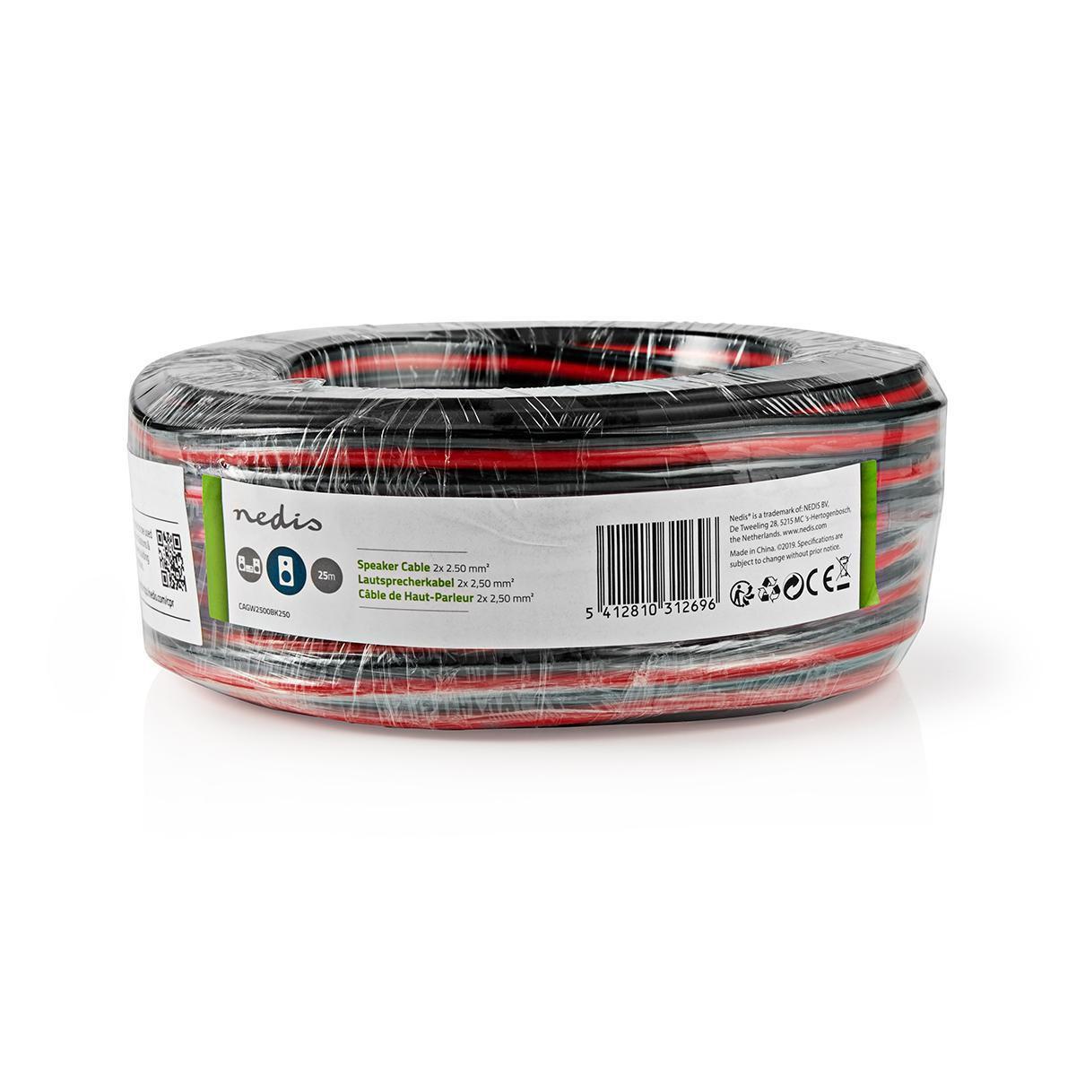 Nedis Lautsprecherkabel | 2x 2,50 mm² | CCA | 25,0 m | Rund | PVC | Rot / Schwarz | Emballage