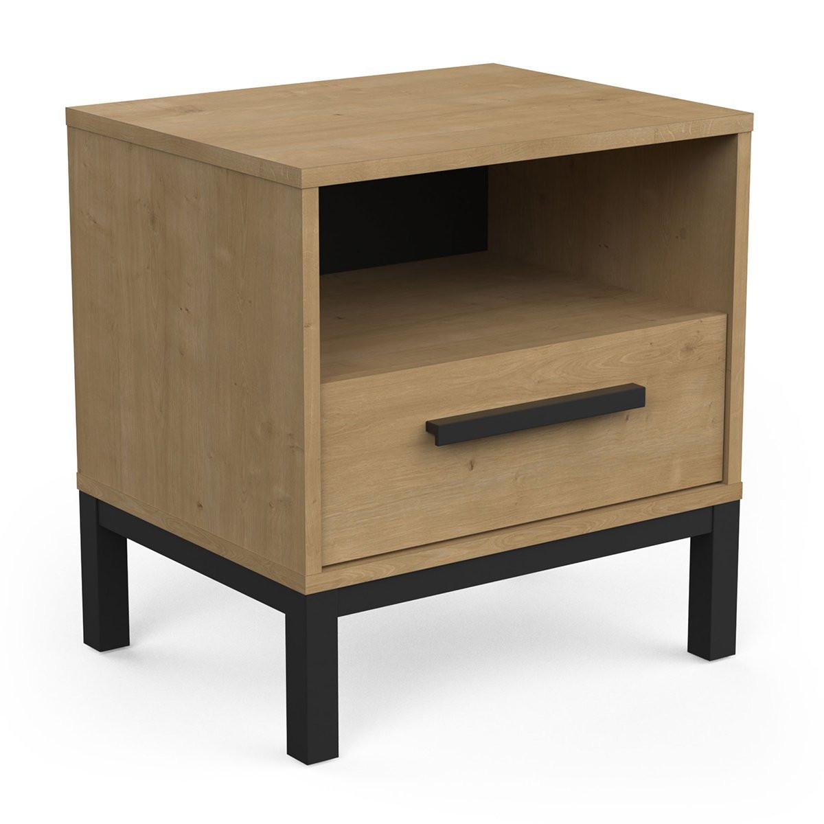 Calicosy Nachttisch mit 1 Schublade und 1 Nische, Dekor Eiche und Mattschwarz Craft - L44,6 cm
