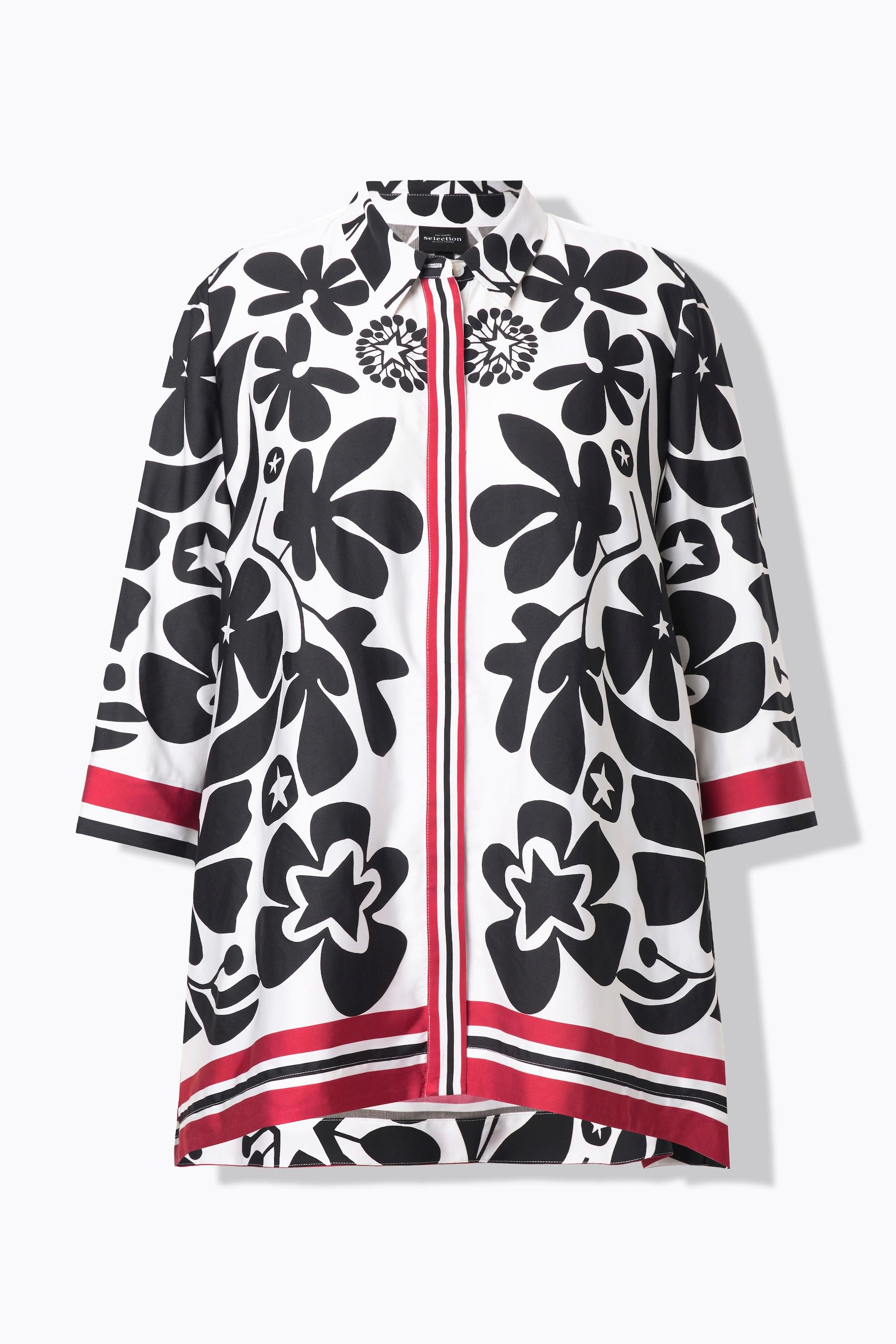 Ulla Popken Satinbluse, Blüten-Design, Zipfelsaum, 3/4-Arm
