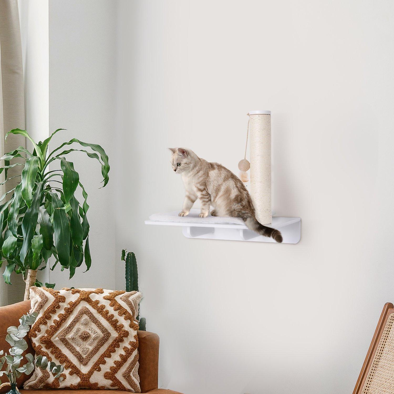 Northio Katzenliege Mit Kratzbaum Unterhaltsames Katzenregal Mit Ballspielzeug, Plüschauflage, Weiß, 53Cm