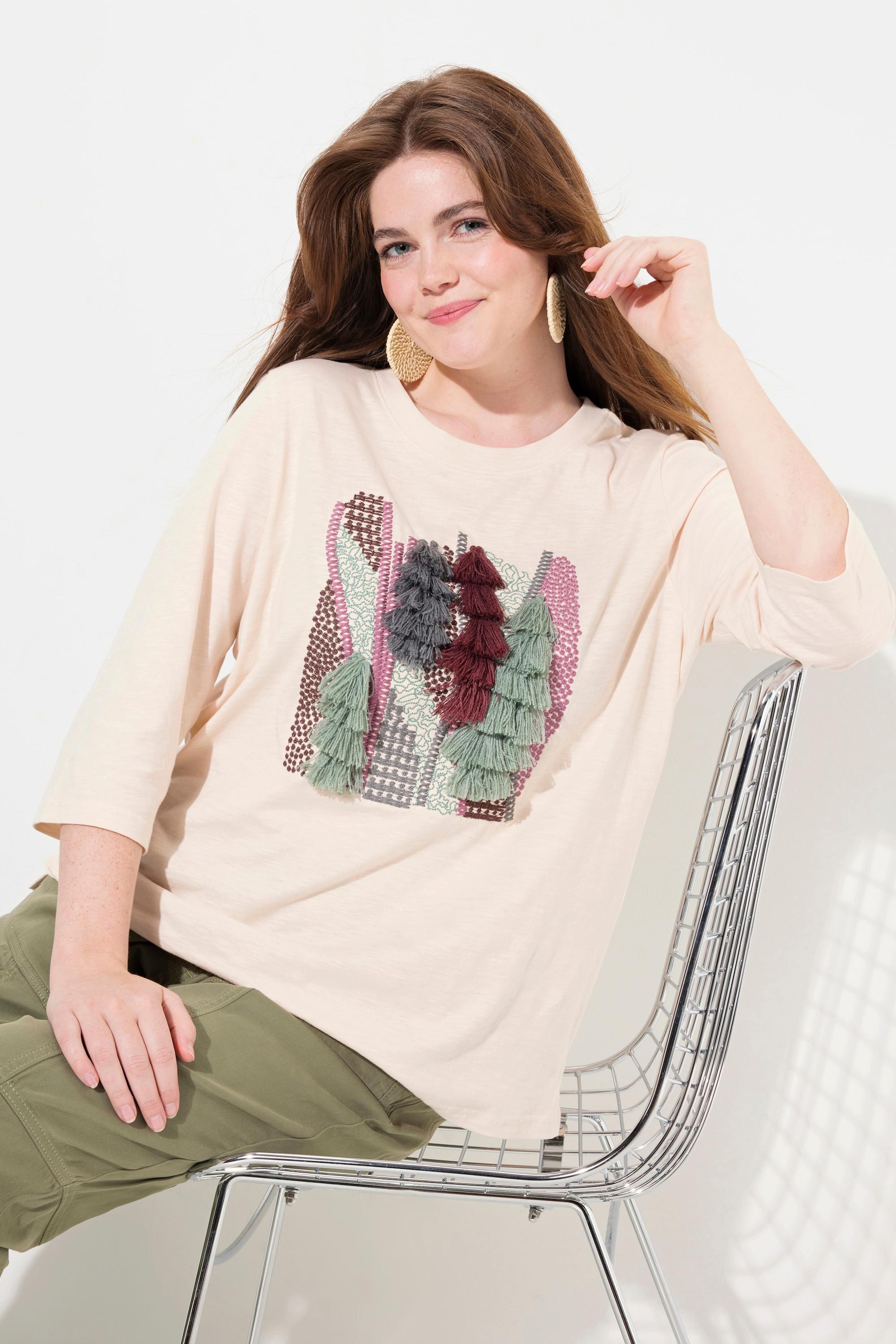 Ulla Popken Shirt Stickerei Rundhals 3/4-Arm Biobaumwolle