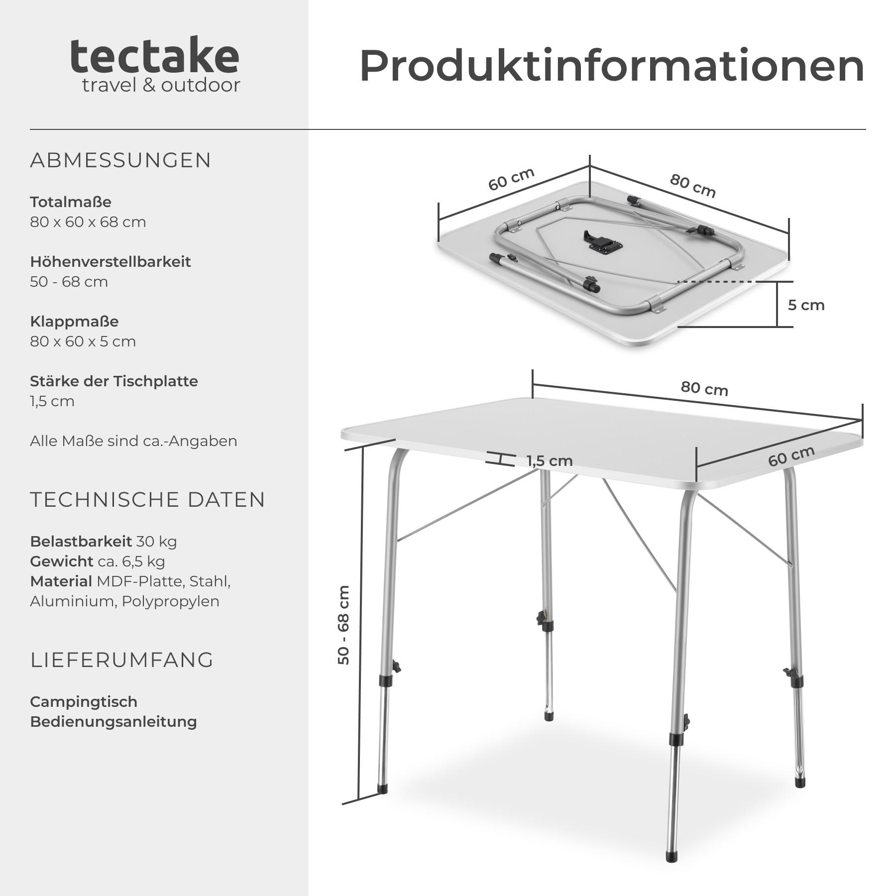 Tectake Camping Klapptisch höhenverstellbar 80x60x68cm