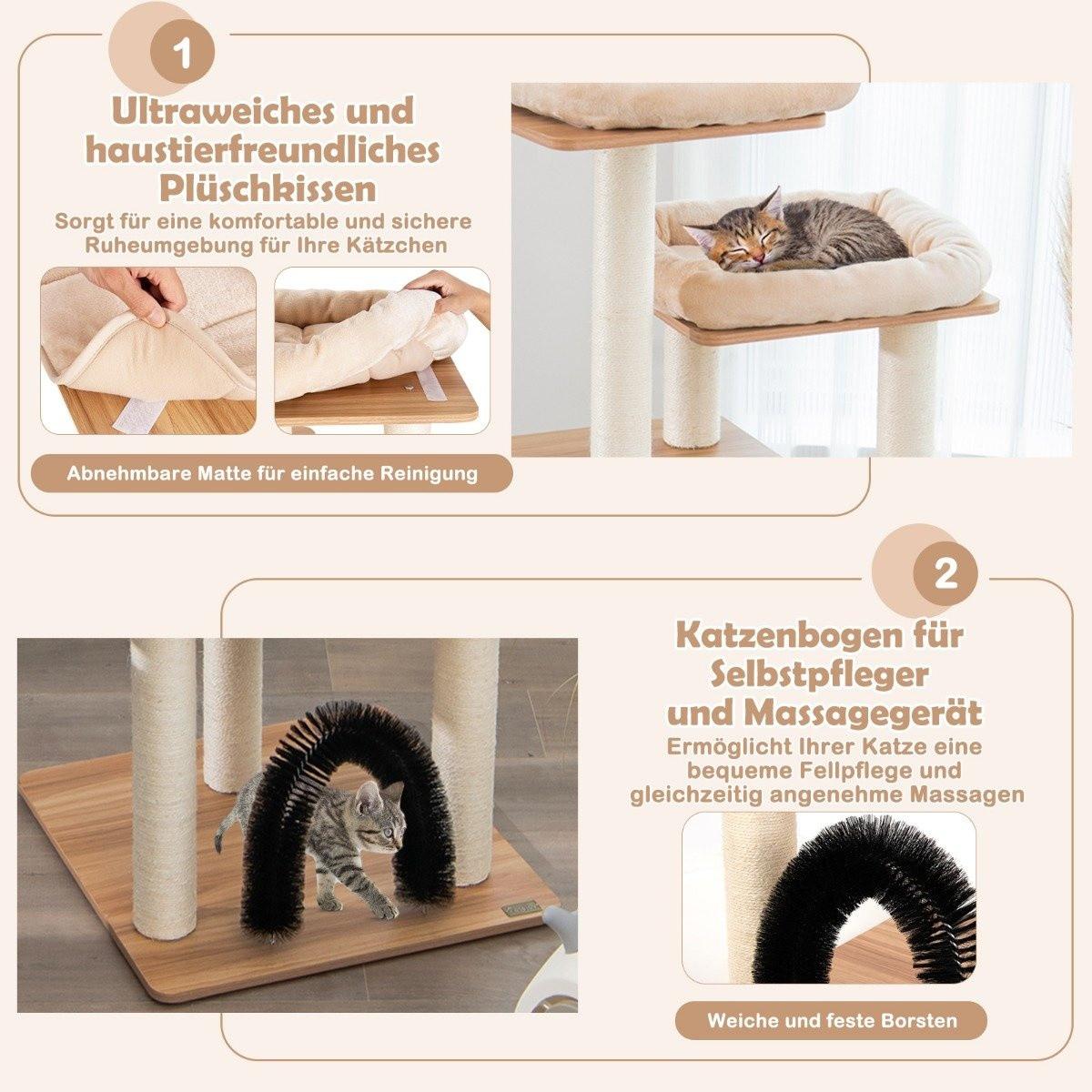 B2X 6-stöckiger Kratzbaum mit Gemütlicher Matten & Höhle & Katzenbogen Beige