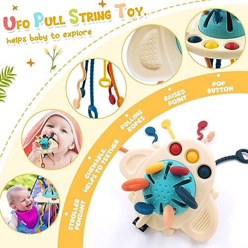 Activity-board 4 in 1 Baby Spielzeug 6 Monate - 3 Jahre, Stapelturm, UFO Silikon Zugschnur Spielzeug,