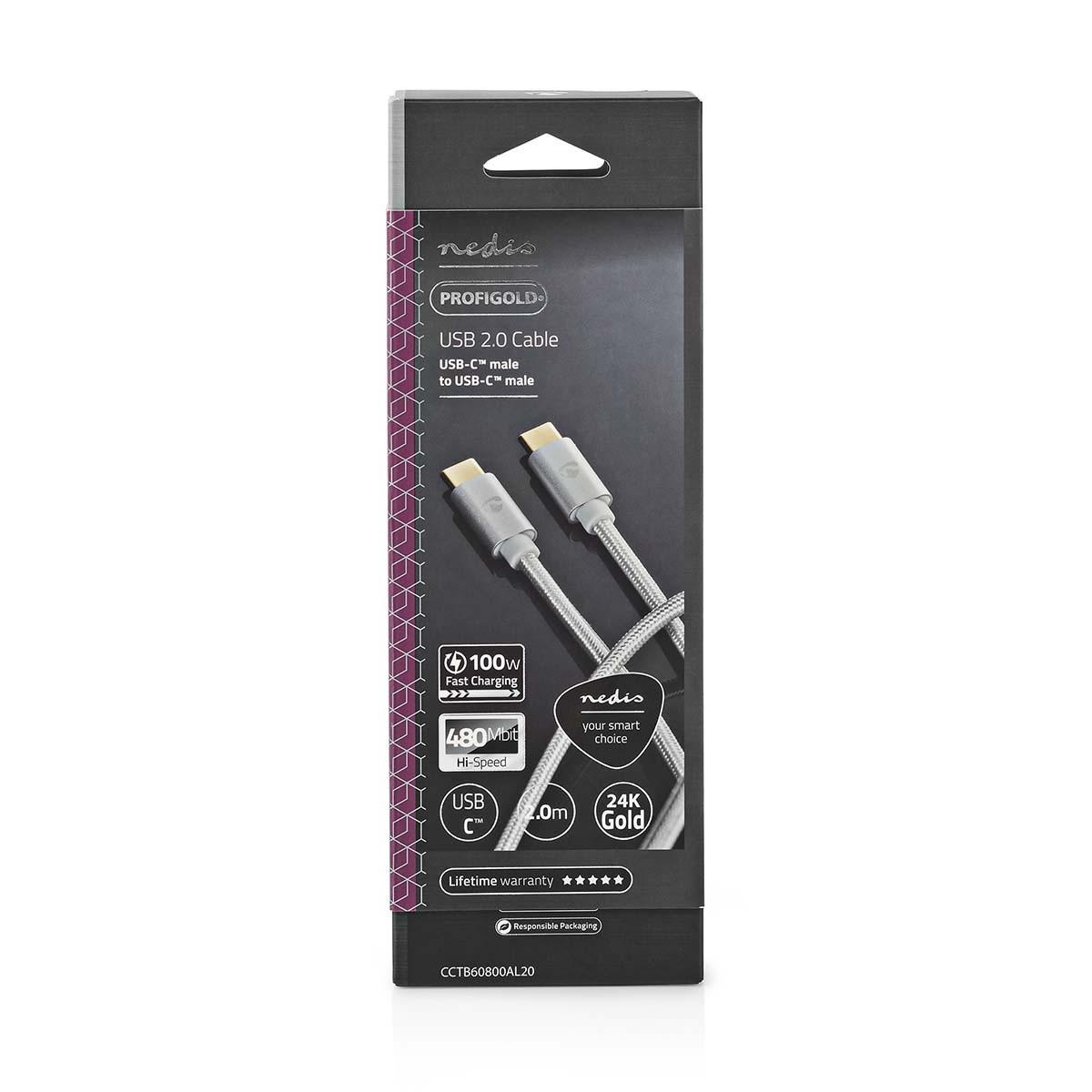 Nedis USB-Kabel | USB 2.0 | USB-C™ Male | USB-C™ Male | 100 W | 480 Mbps | Vergoldet | 2,00 m | Rund | Geflochten / Nylon | Silber | Box mit abgedecktem Fenster