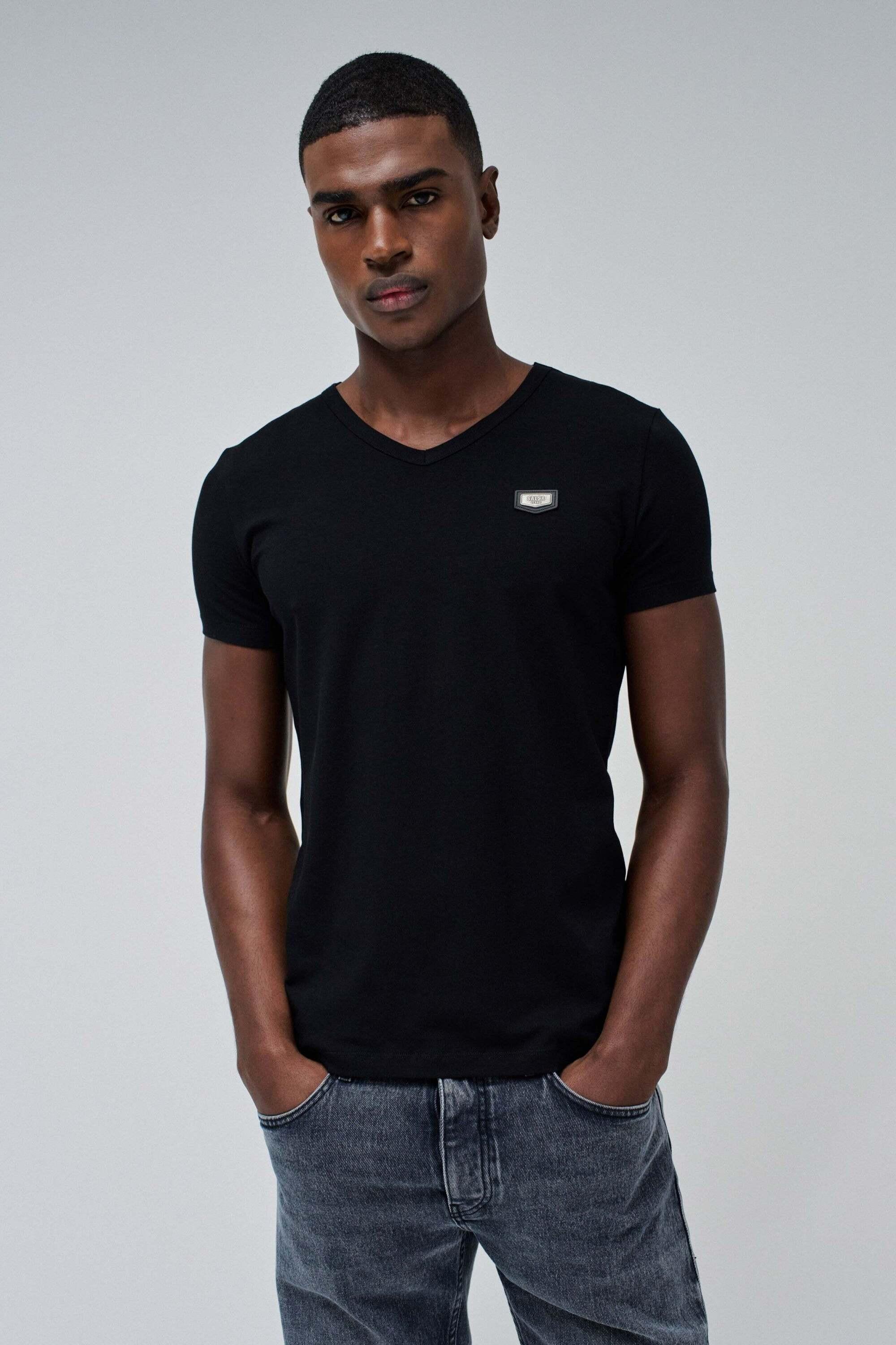 Salsa V-Neck Cotton Lycra Metal Badge T-Shirt
