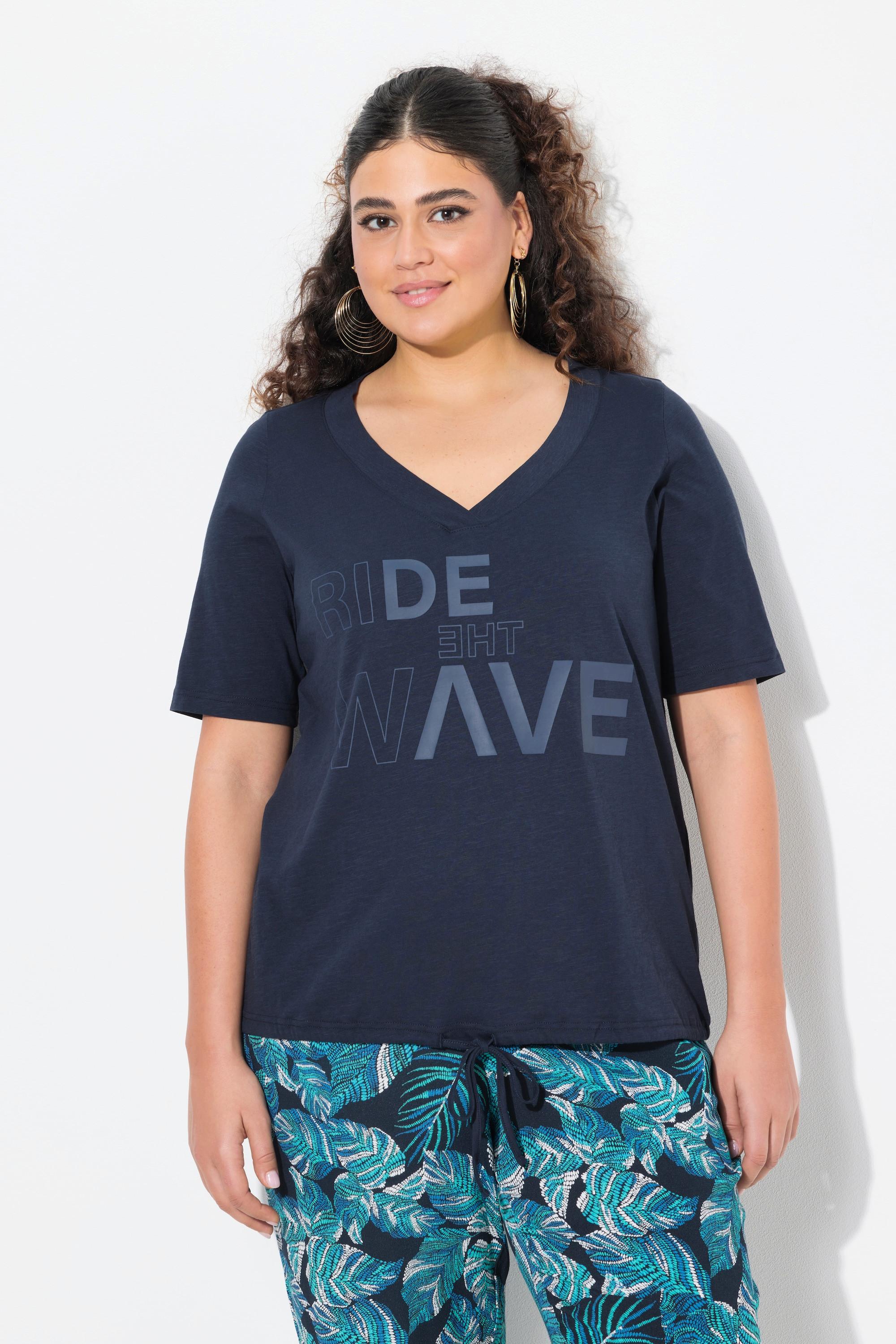 Ulla Popken T-Shirt Schriftdruck Saumband V-Ausschnitt Halbarm