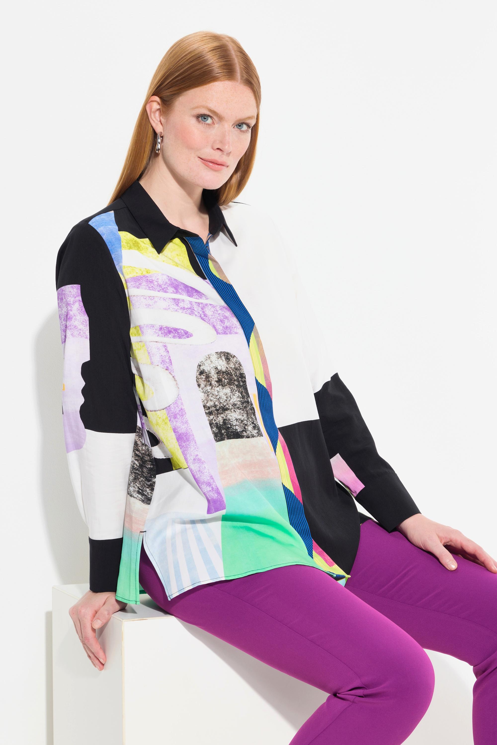 Ulla Popken Lyocell-Bluse, Patchdesign, Hemdkragen, Langarm