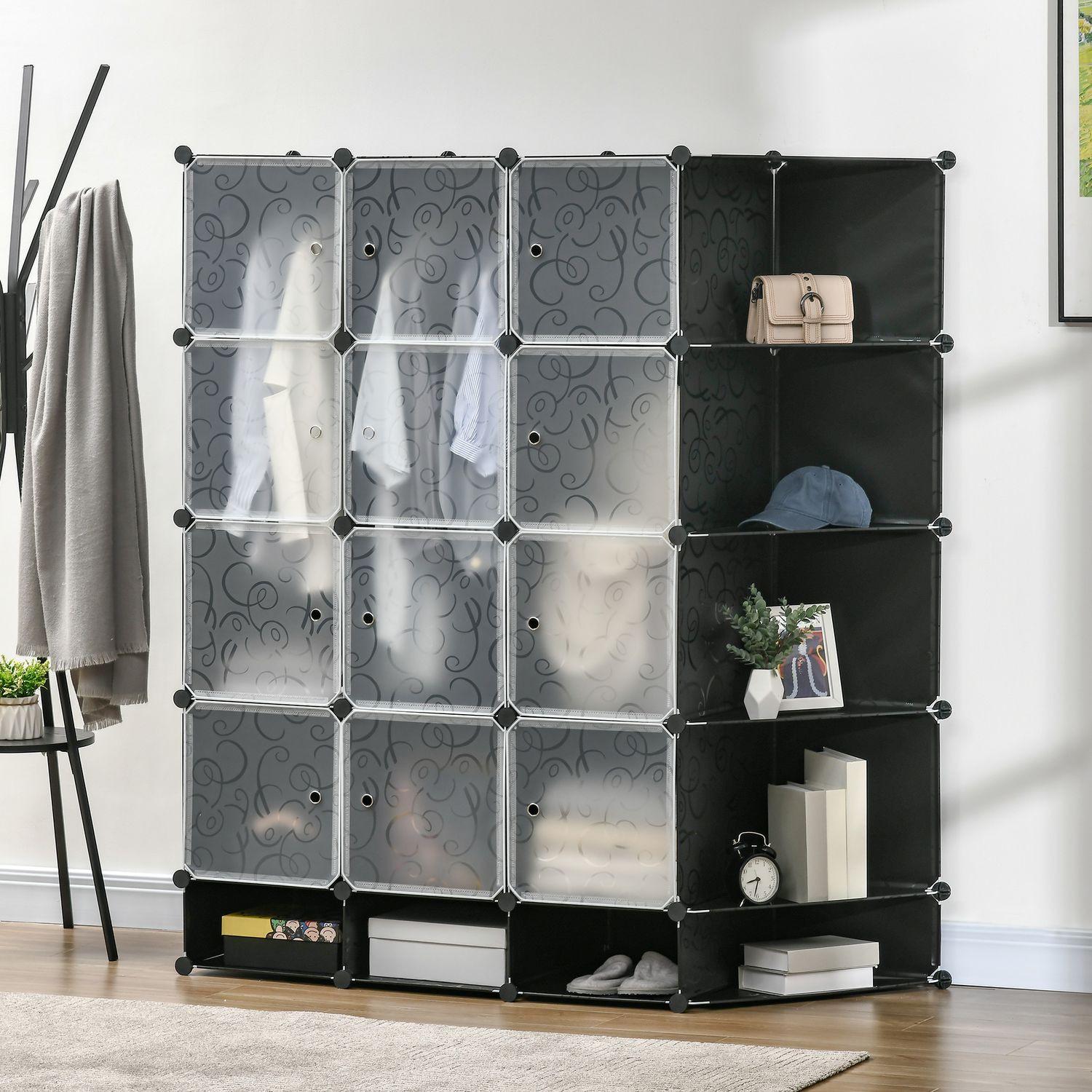 Northio DIY Kleiderschrank Regalsystem mit 16 Fächern und 2 Stangen DIY-Würfelregal, Aufbewahrungsregal für Kleidung, Schuhe, Schwarz 145 x 46 x 162 cm Aosom