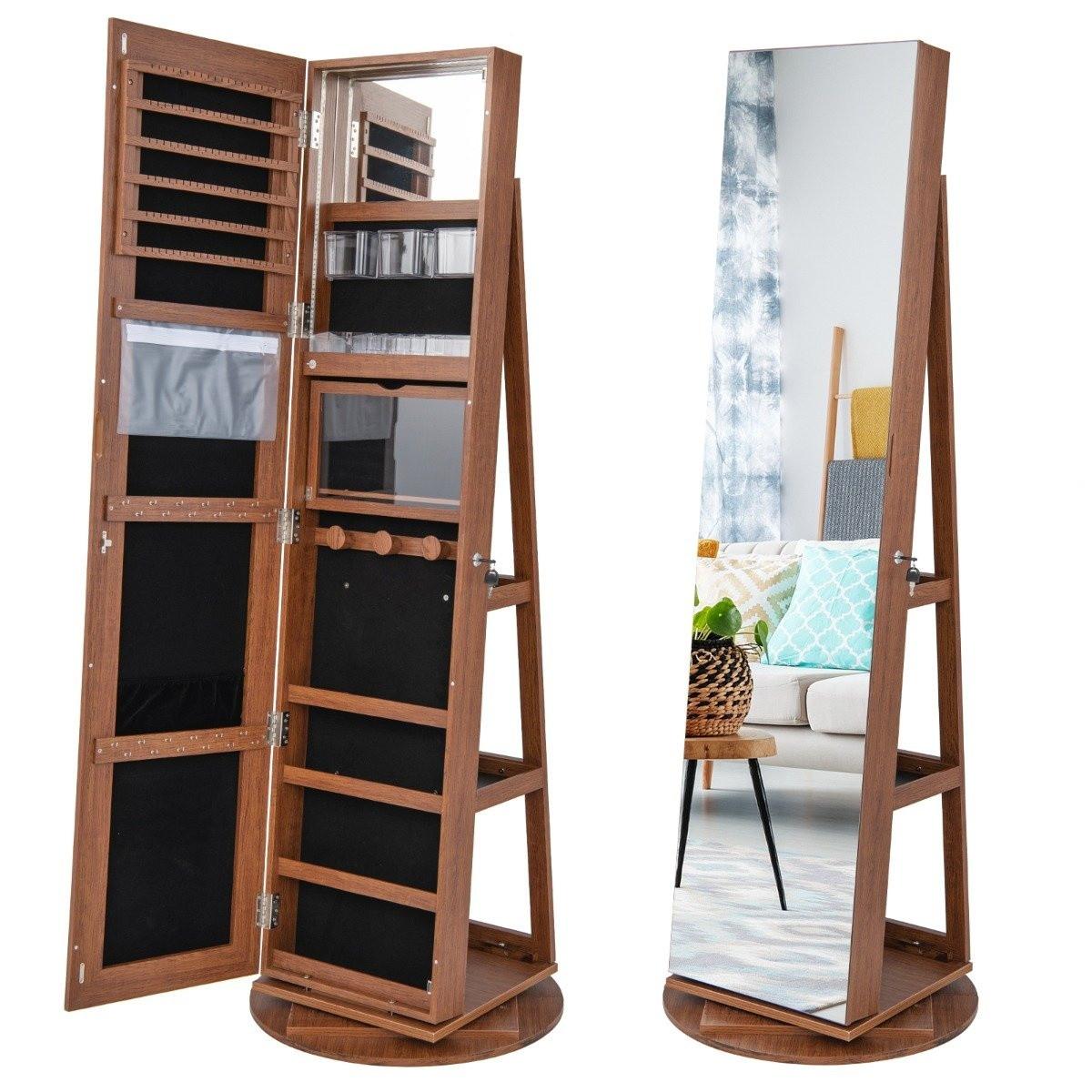 B2X 360° Drehbarer Schmuckschrank mit Dreifarbigen LED-Leuchten Freistehender Spiegelschrank Holz