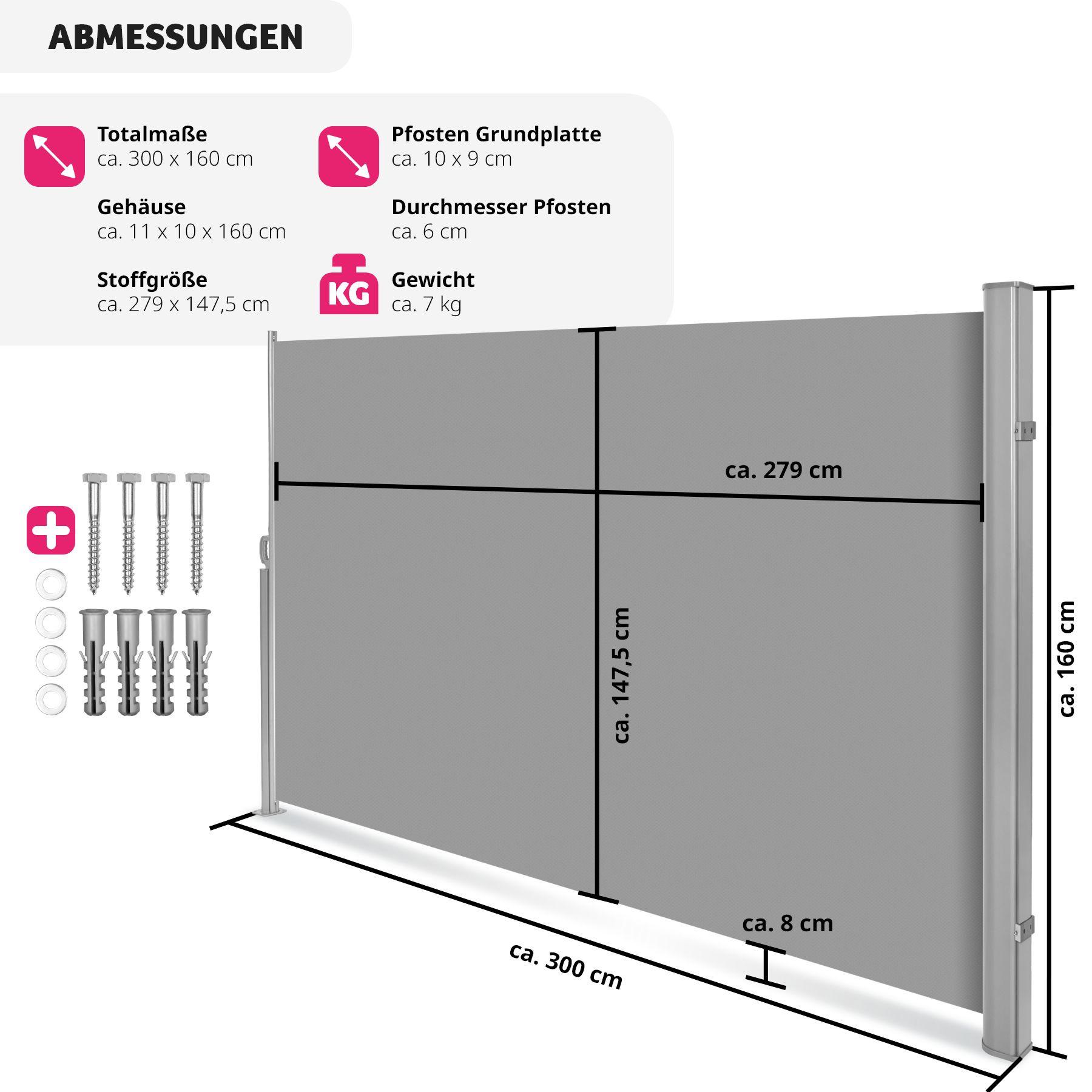 Tectake Aluminium Seitenmarkise ausziehbar mit Aufrollmechanismus