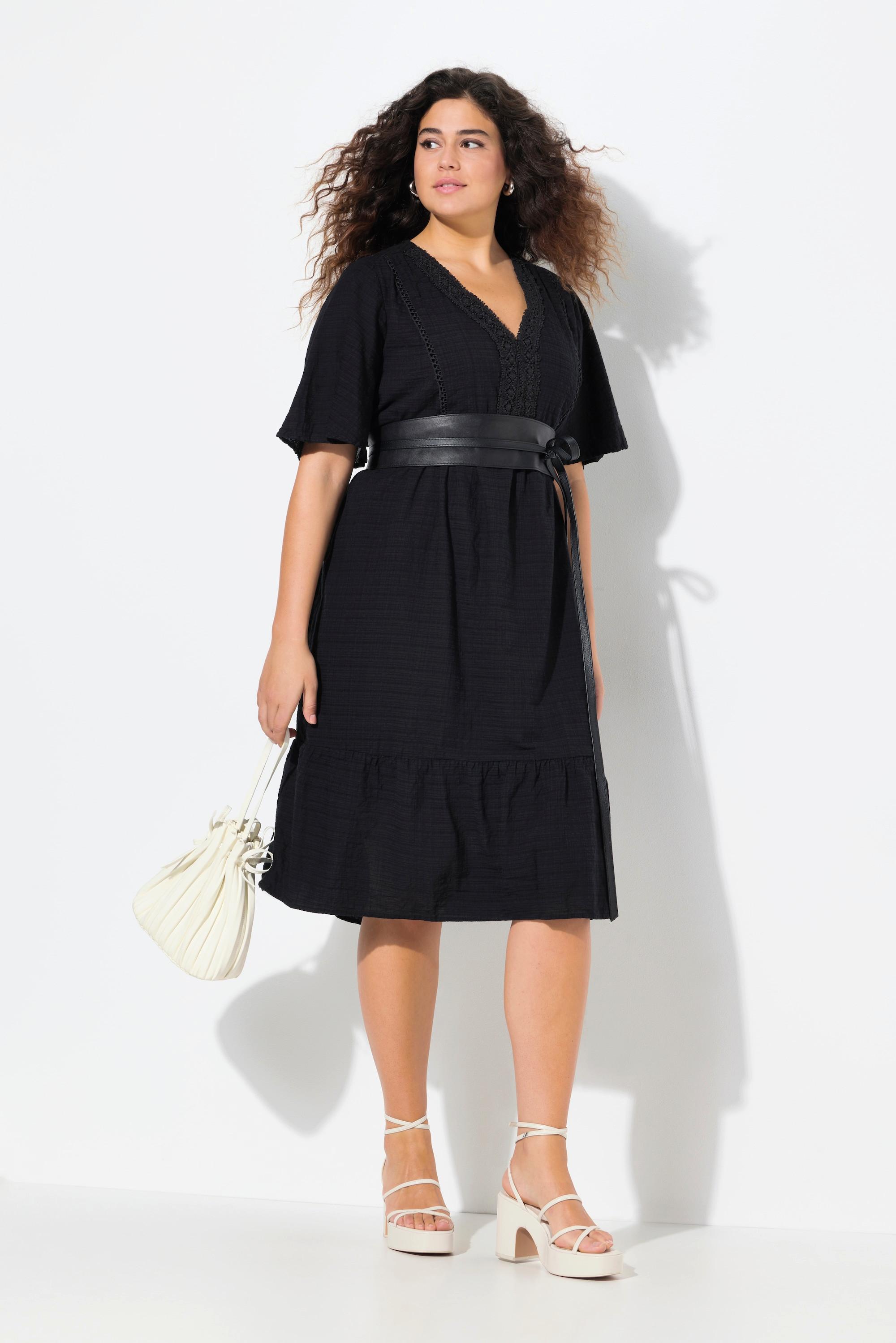Ulla Popken Midikleid Seersucker A-Linie V-Ausschnitt Halbarm